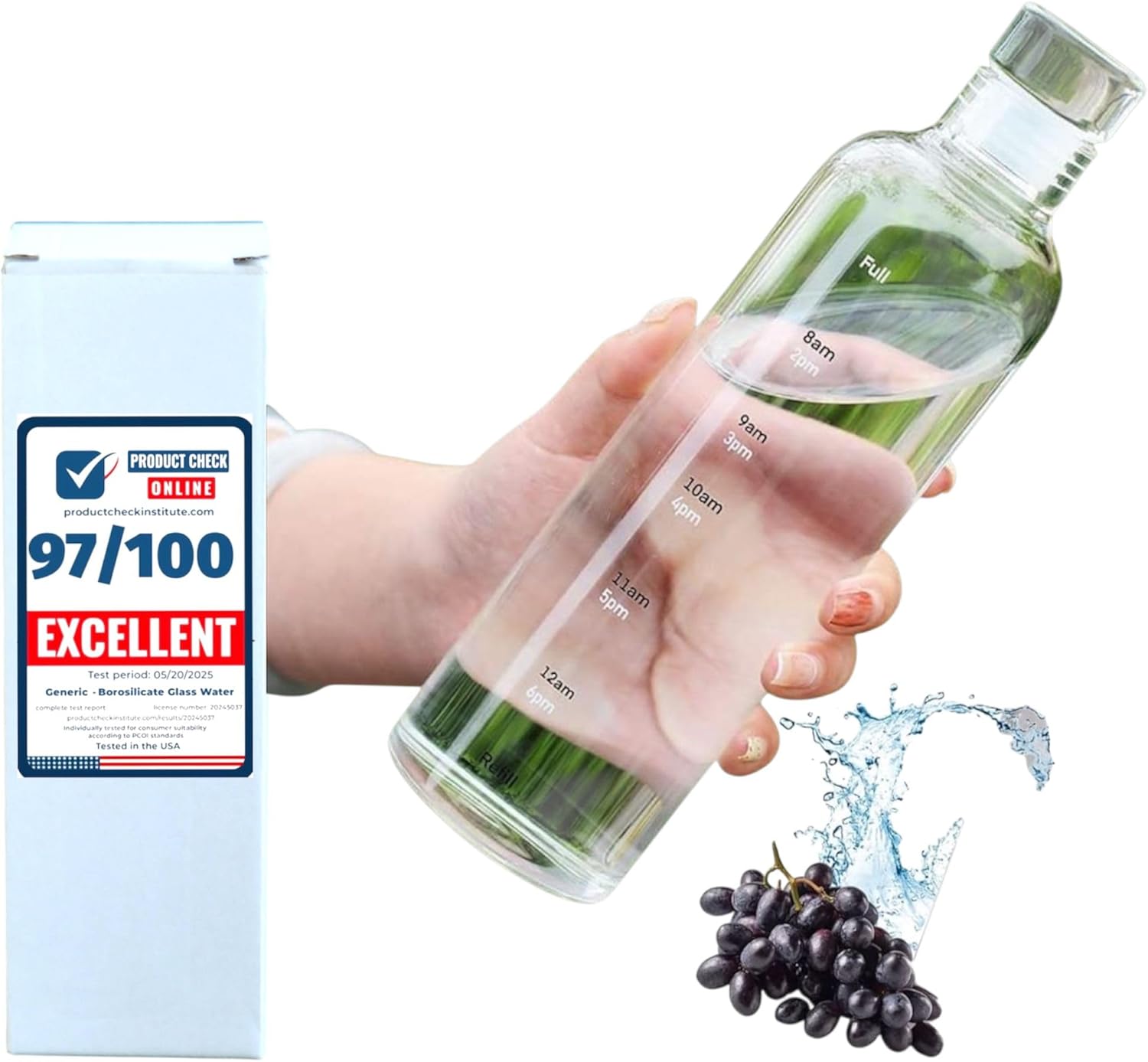 17 oz Reusable Borosilicate Glass Water Bottle – Slim, Clear, Leakproof Bottle with Time Marker – BPA-Free, Double-Walled, Wide Mouth, for Hot or Cold Drinks, Motivational Gift (Clear)