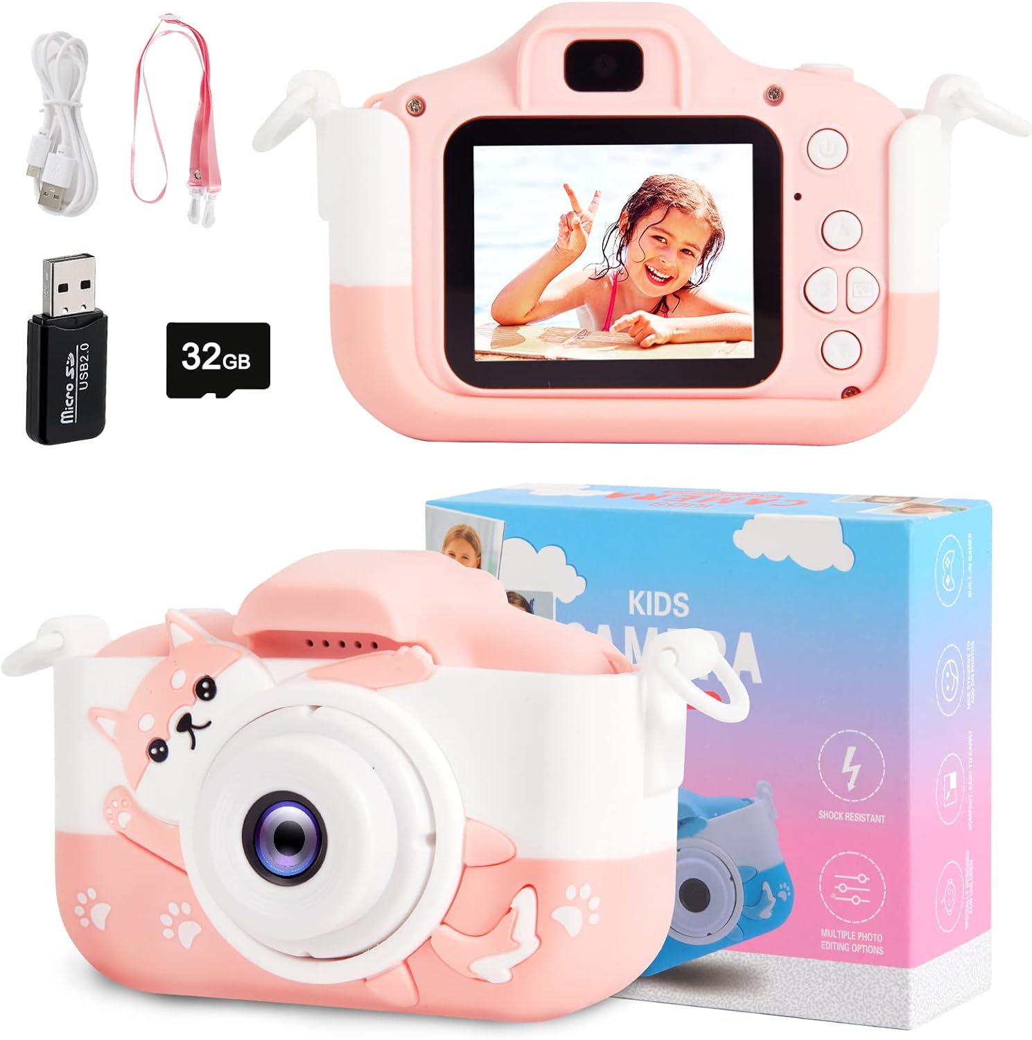 Kids Camera, 1080P HD Digital Video Camcorder Camera/Upgrade Selfie Camera with Dog Soft Silicone Cover, for Boys/Girls Age 3-12, Birthday Gifts with 32GB TF Card Pink