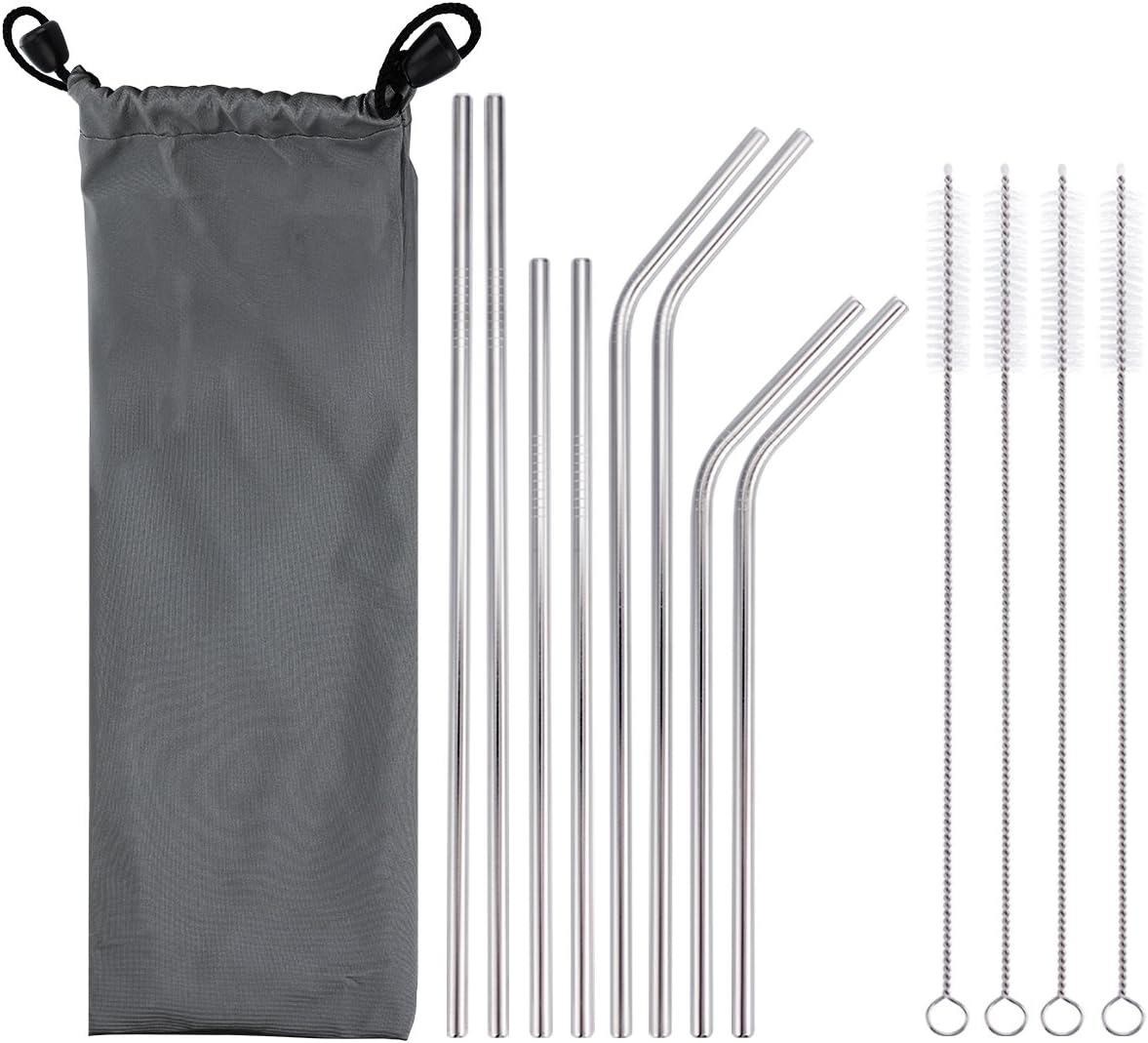 304 Stainless Steel Straws, Reusable Metal Drinking Straws, 2 Straight (10.5 in) + 2 Bend (10 in) + 2 Straight (8.5 in) + 2 Bend (8 in) + 4 Cleaning Brushes for 20 & 30 oz Tumblers, Set of 8