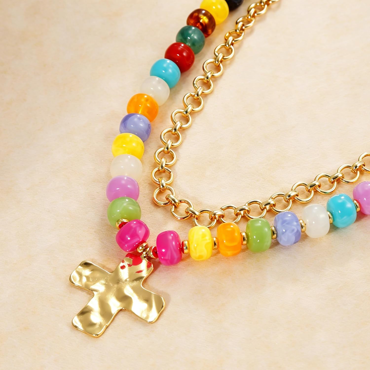 COLOYAN Colorful Chunky Beaded Cross Pendant Layered Necklace for Women | Gold Plated Chain, Acrylic Beads, 5 Styles Available, Adjustable Choker Necklace Jewelry Gift, for Party Beach Daily Wear