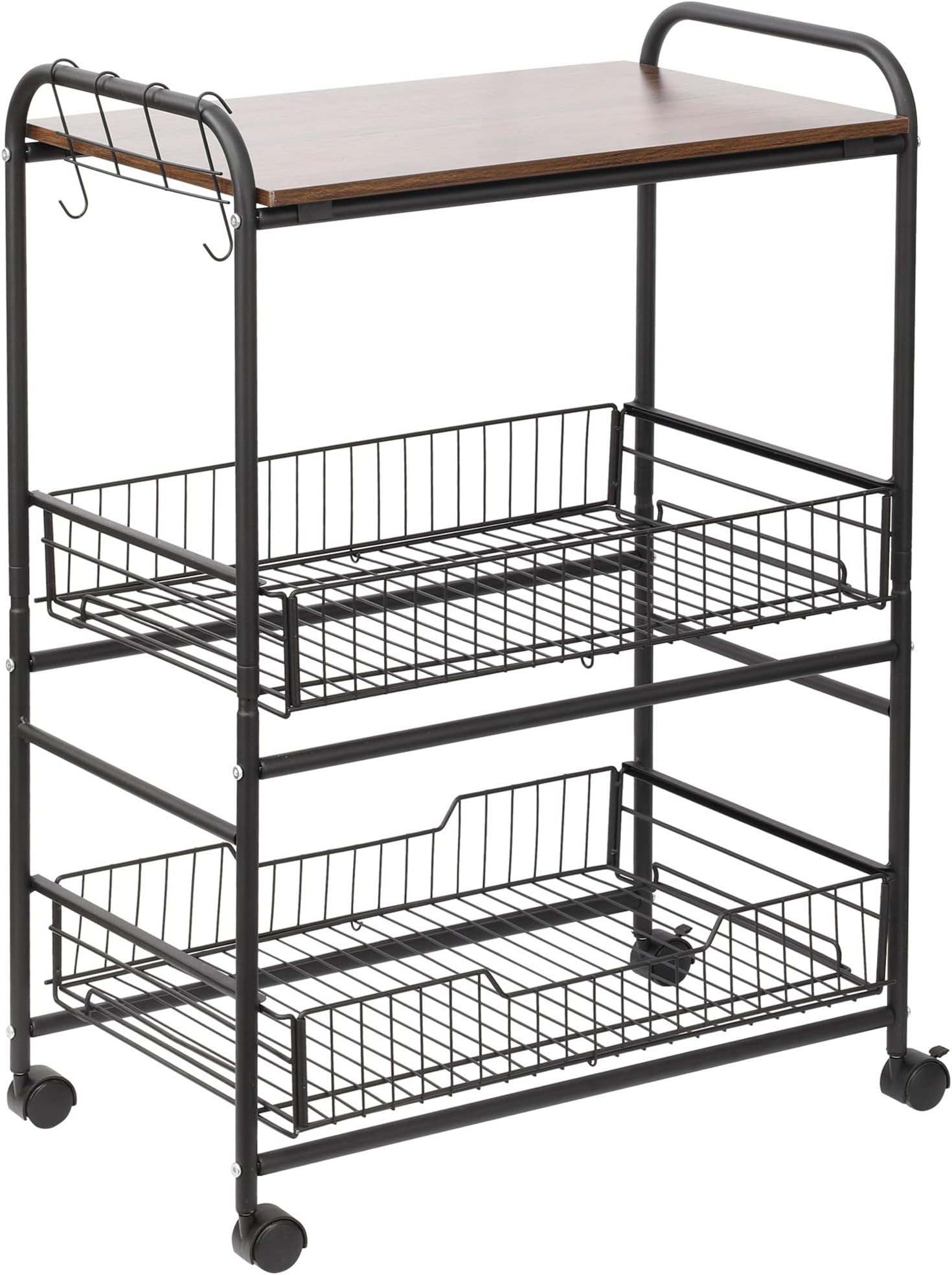 HOMCOM Kitchen Trolley with 3 Levels, Serving Trolley, Storage Trolley on Wheels with 2 Pull-Out Baskets, Shelf and Side Hooks, 60 x 38 x 85.5 cm, Walnut