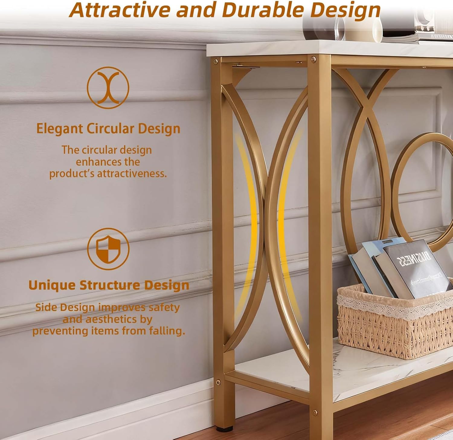 HOMISSUE Sofa Console Table, Modern Gold Console Table with Faux Marbled Tabletop, Engineered Wood Entryway Tables with 2 Tier Storage, Narrow Sofa Table for Living Room, Hallway (55 Inch, White&Gold)