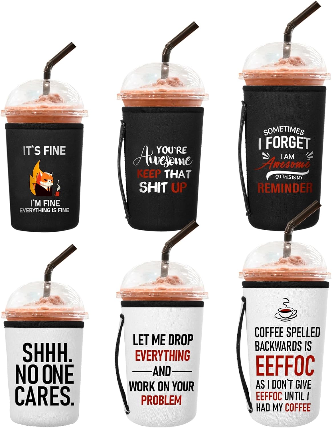 6PCS Reusable Iced Coffee Sleeve Funny Coffee Mug Insulator