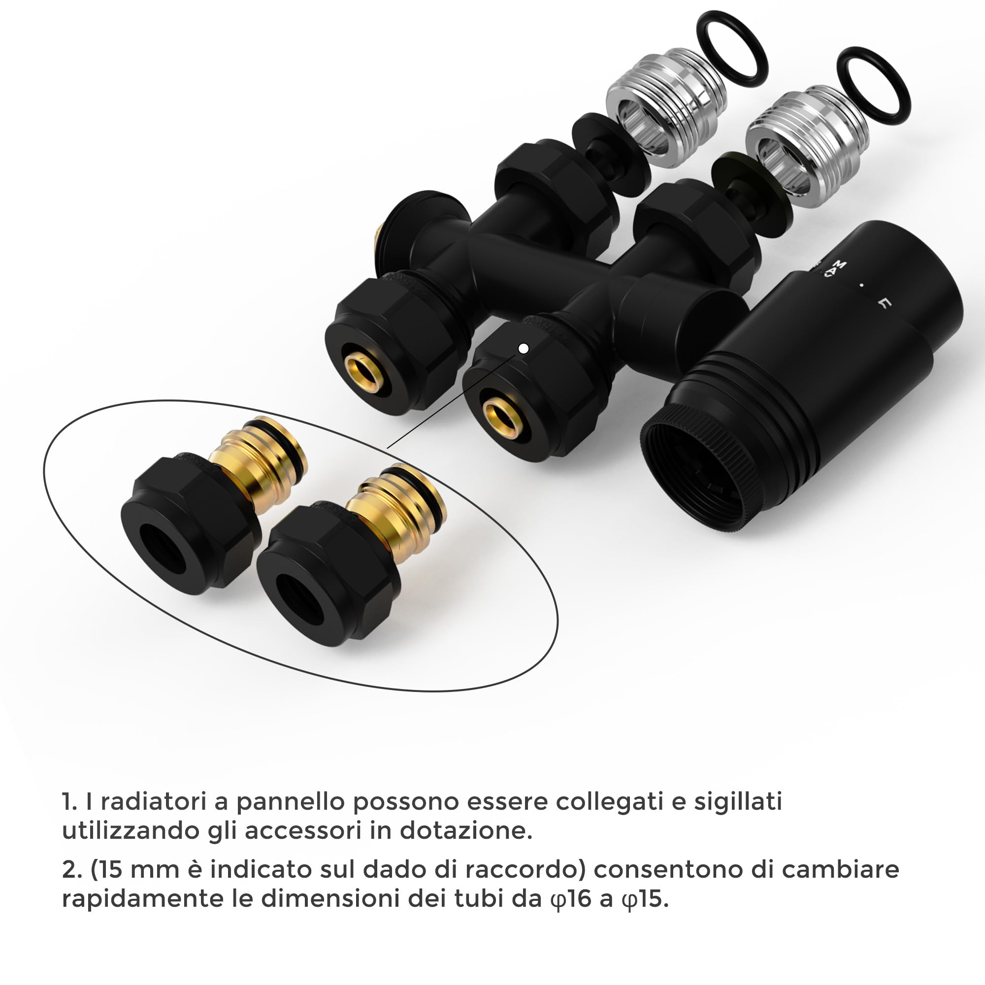 VANCOCO 2 pezzi multiblocco con termostato per radiatori 50 mm distanza mozzo, blocco rubinetto, rubinetti valvola a forma di passaggio con cono europeo per tubi in plastica Ø 16 × 2 mm e diametro 15