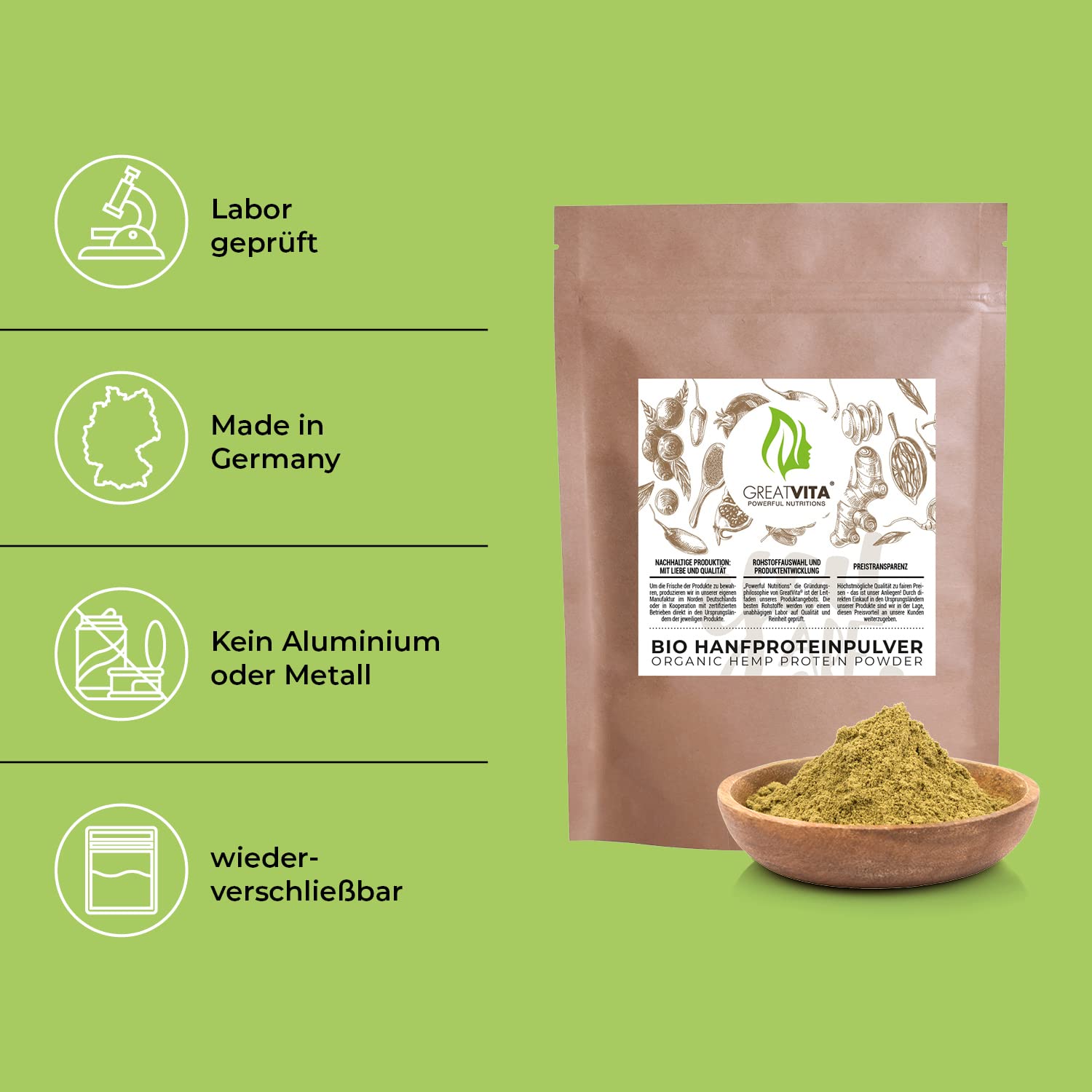 GreatVita Bio Hanfprotein Pulver 800g | Premium Qualität - hoher Proteingehalt/natürliches Protein/GreatVita