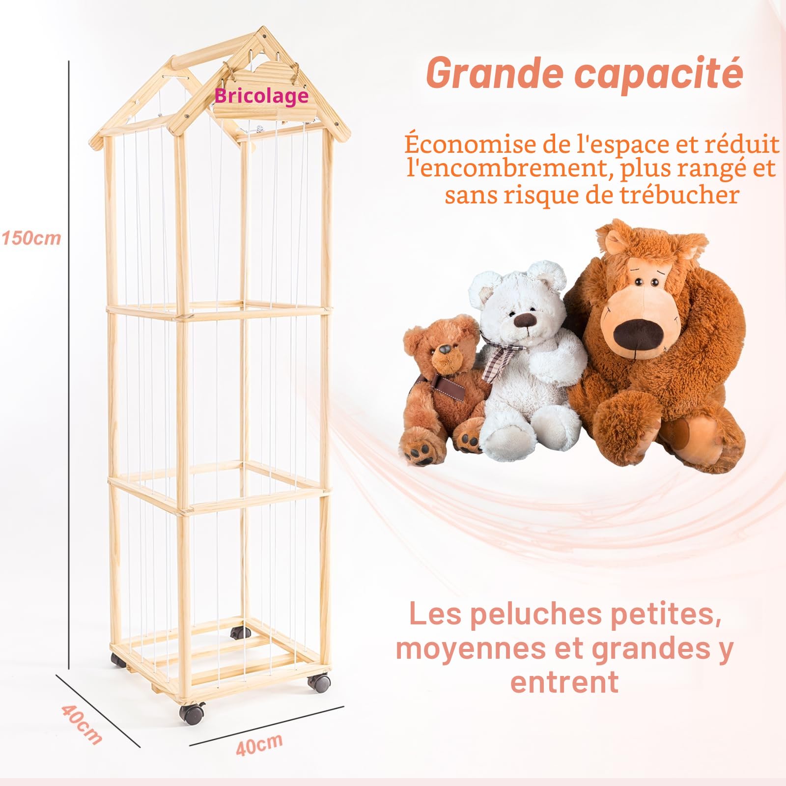 Rangement Peluche de Enfant, Range Peluche en Bois Roues équipées d'un Frein à 360°, 150 * 40 * 40cm Meuble Rangement Jouet Enfant pour Chambre d'enfant, Salle de Jeux, Salon, etc.