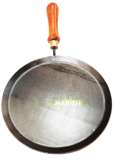 HARISH - Traditional Iron ROTI/DOSA TAWA with Wooden Handle - 10.5 INCH Diameter, Flat Design (Iron, Black Color)