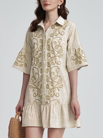 Kedera Women Floral Embroidered Dress Mini Dresses Shirt Shift Tunic