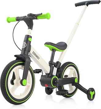 EOOWOY Balance Bike with Push Handle for Kids 18-60 Months, 6 in 1 Foldable Push Bike with Training Wheels & Pedals, Balance Bicycle for Boys and Girls with Brakes & Kickstand