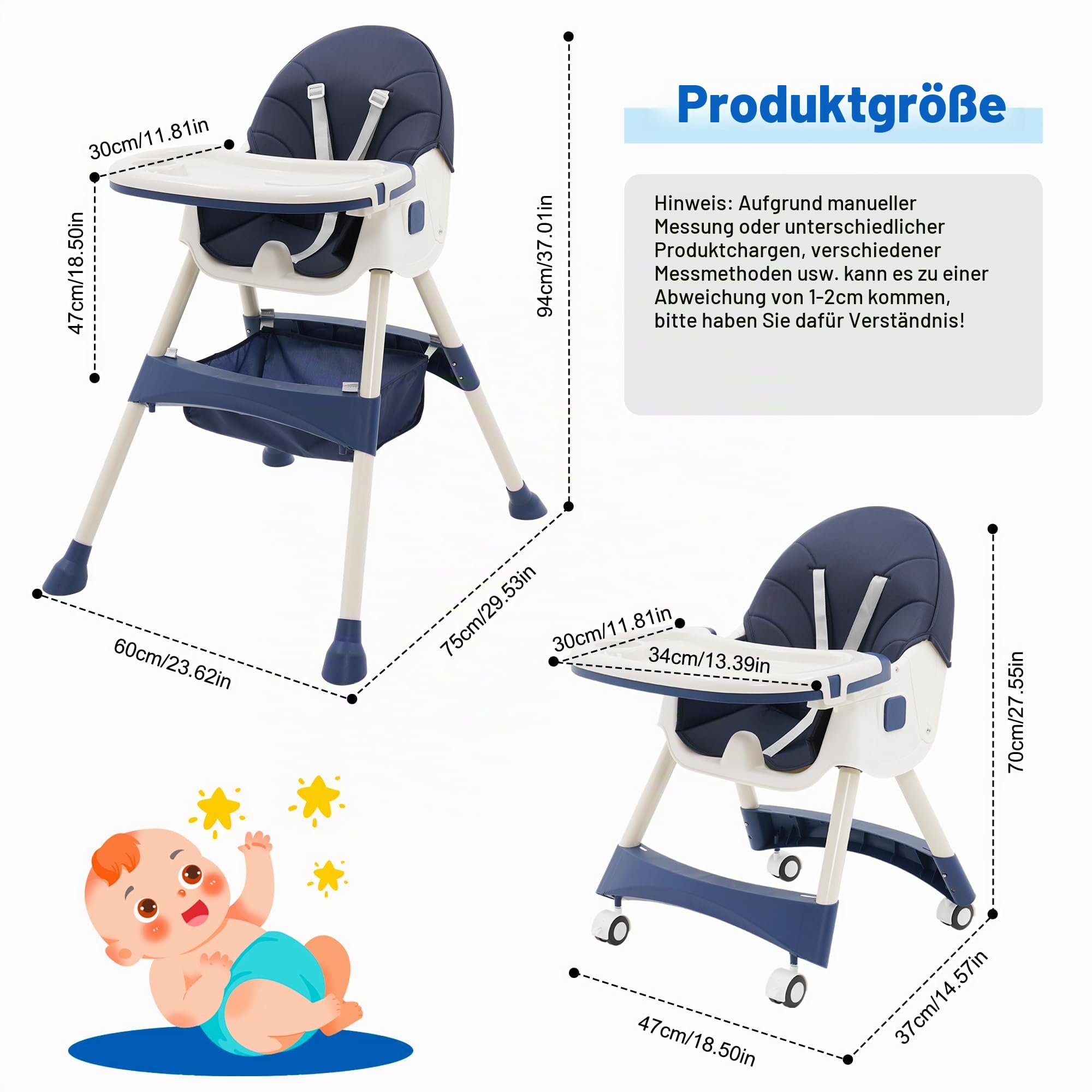 3in1 Hochstuhl Baby mit Spielbügel, Kinderhochstuhl mit Abnehmbares Tablett Hochstuhl Verstellbar Klappbar Babystuhl mit Liegefunktion,Kombihochstuhl mit wachsend esszimmerstuhl,ab 6 Monate (Blau)