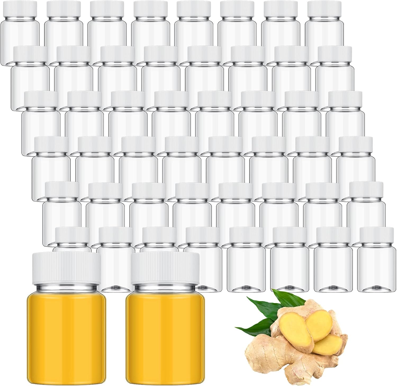 Lallisa 50 Pcs 2 Oz Plastic Juice Shot Bottles with Caps, Mini Clear Juice Bottle with Lid, Reusable Leakproof Ginger Containers for Liquids Wheatgrass Ginger Jars(White Lids)