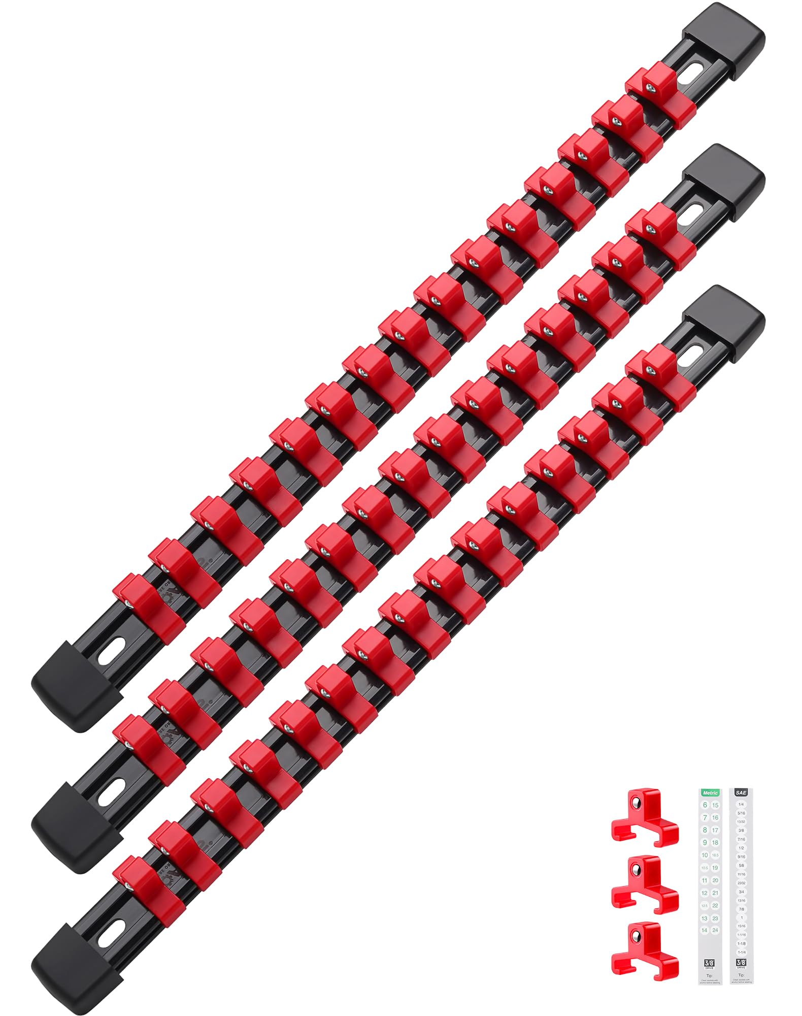 ALOANES 3PC ABS Socket Organizer, Socket Rails Fit 3/8 inch Drive, Heavy Duty Socket Holders Hold up to 45 Sockets, With Black Rails and Red Clips — image 1