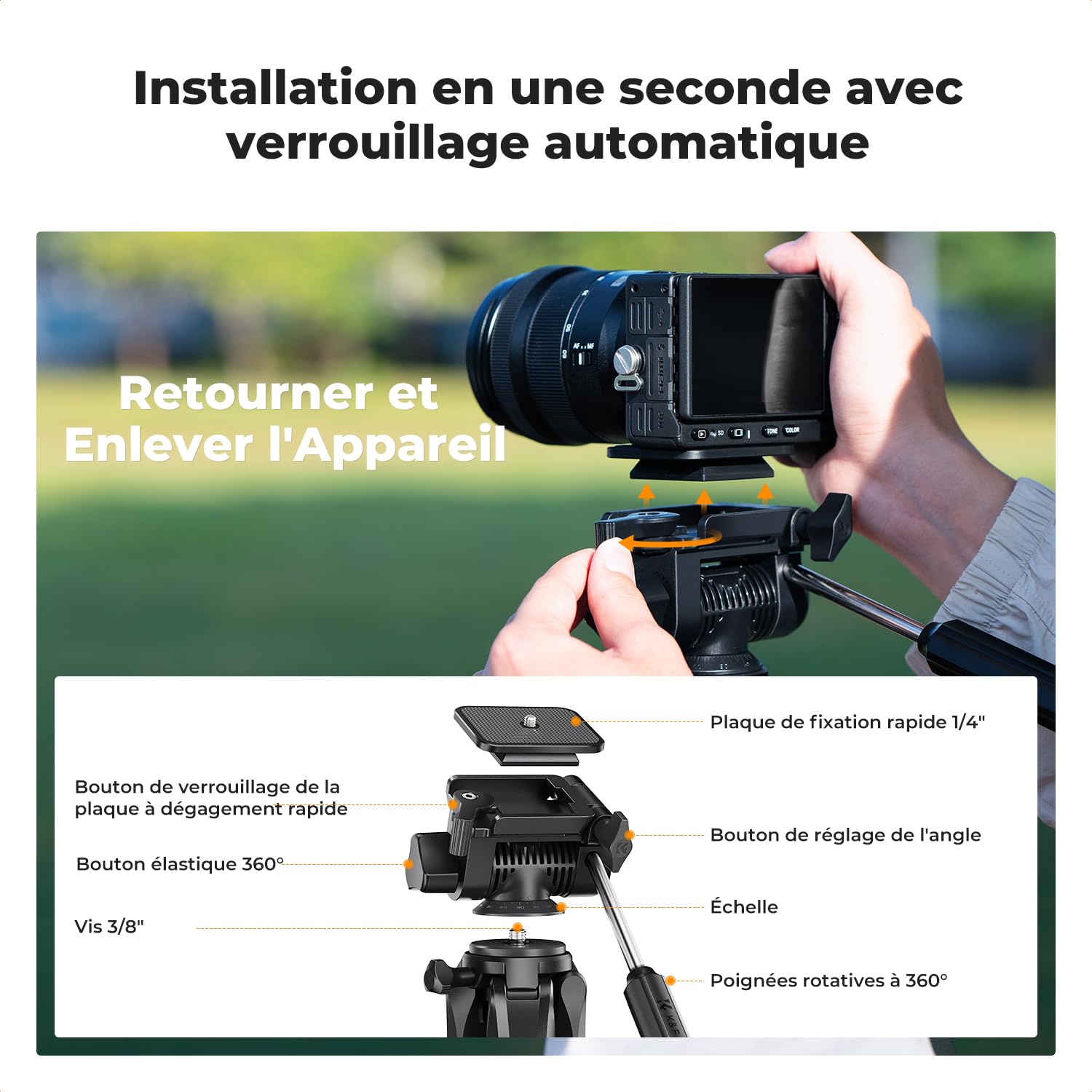 Trépied Appareil Photo pour Smartphone 190cm, K&F CONCEPT S255A3+BV01 Trépied Caméra avec Clip de Téléphone, pour DSLR Nikon Canon Sony, iPhone, Samsung, Tête Pan Amovible, Télécommande Bluetooth