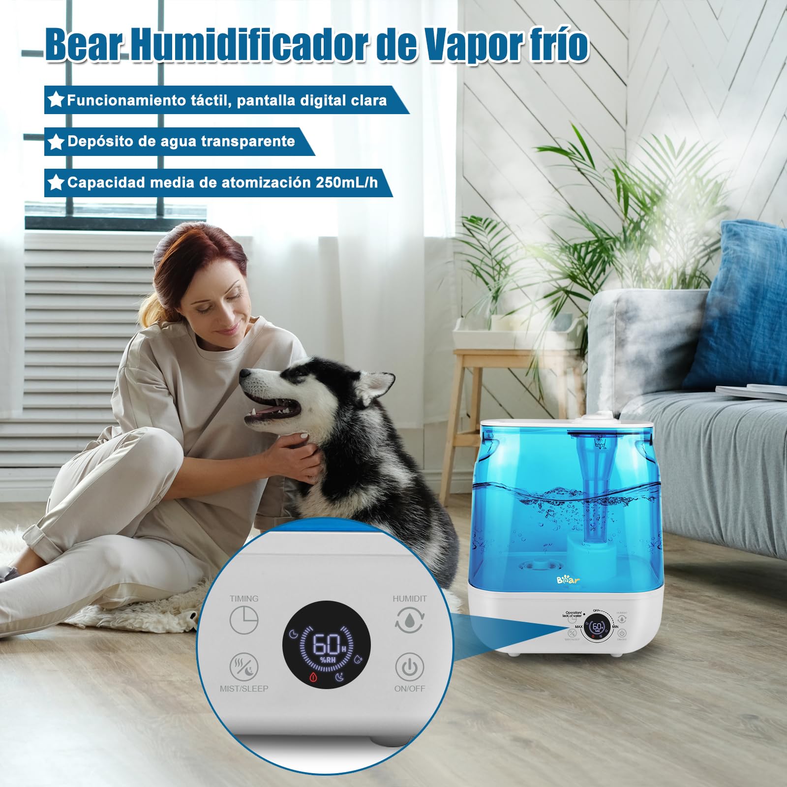 Bear Humidificador 6L Top Fill Humidifier, Temporizador, Modo Sleep, Humedad Constante, Disco Aromático, Boquilla Doble Giratoria 360°, 28db Ultra Silencioso