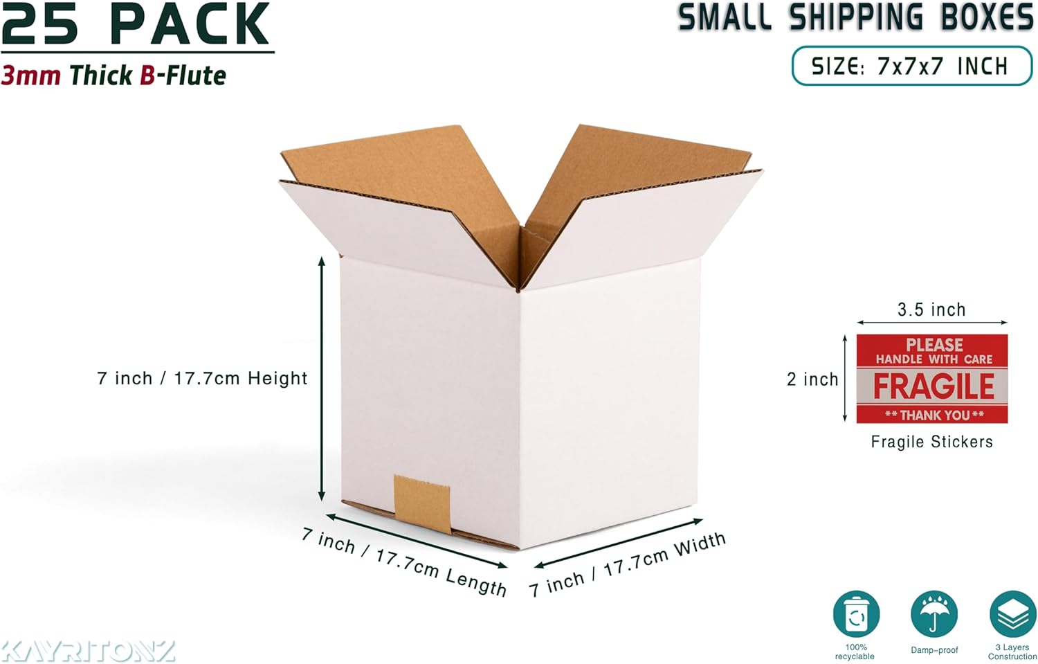 7x7x7 inch Small Shipping Boxes, White Corrugated Cardboard Boxes for E-Commerce, Mailing, Storage, Gifts Wrapping, 25 Pack