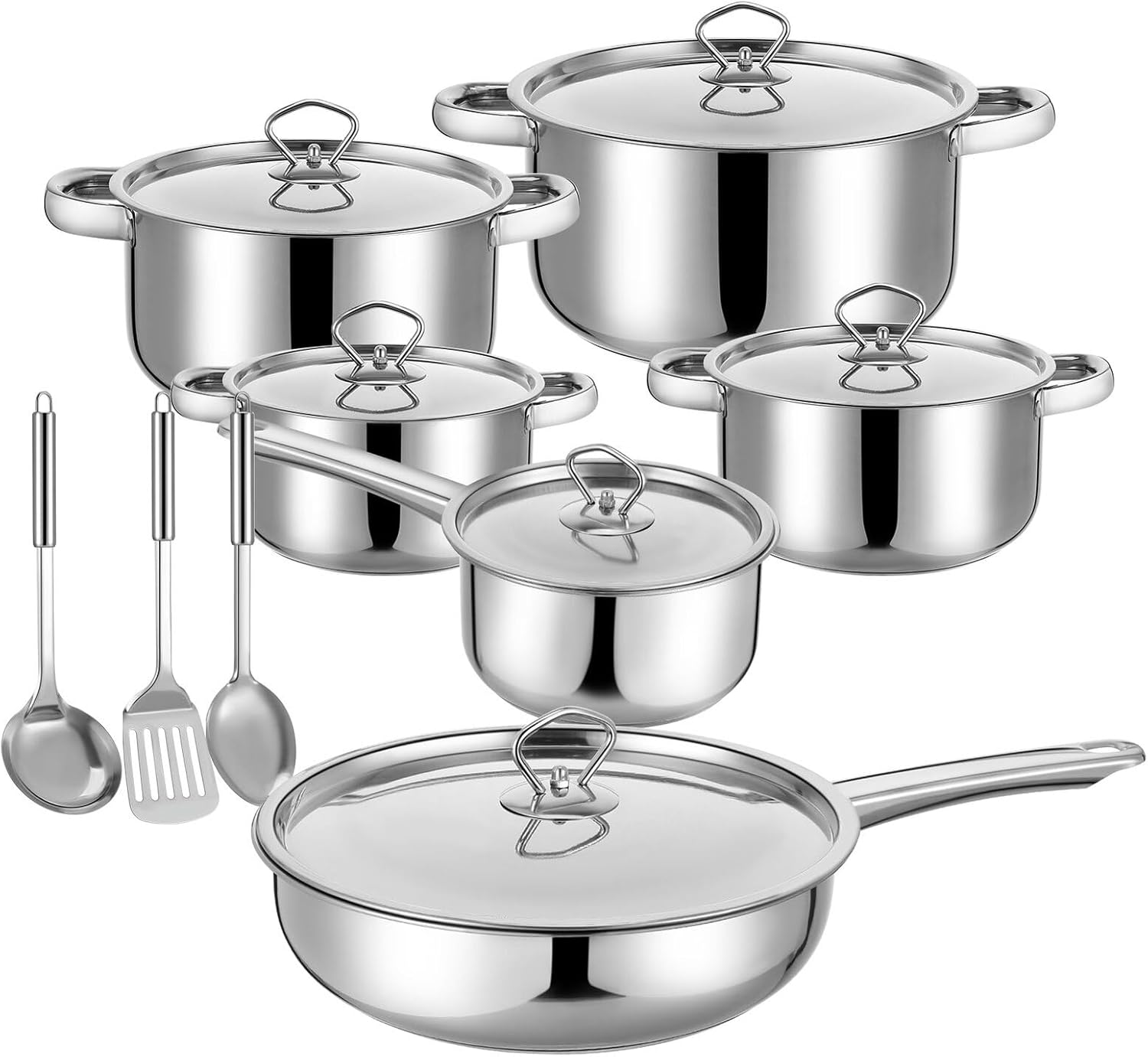 15pcs Stainless Steel Cookware Set with Induction Multi-layer Base, Saucepan and Frying Pan Collection, Dishwasher Safe Kitchen Cooking Utensils for Home and Professional Use