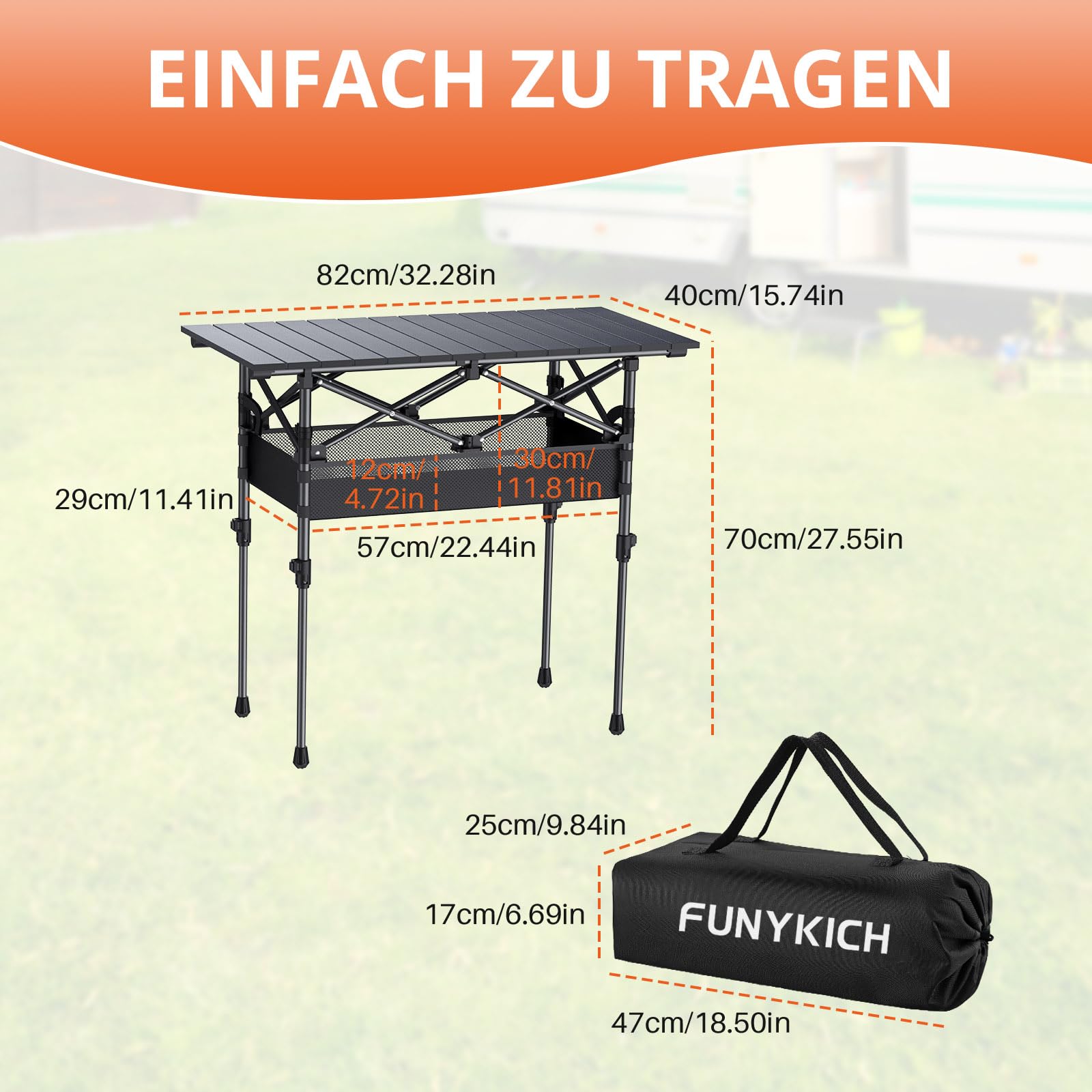 FUNYKICH Campingtisch Klappbar 82 x 40cm, Klapptisch mit 2 Höhenverstellbar(44/70cm), Einfache Montage, Tragbar Falttisch mit Netztasche Aluminium Aufrollbare Tischplatte für BBQ Camping Party Garten