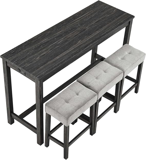 Bar Table Set, 60 Modern Solid Wood Bar Table with 3 Upholstered Bar Stools and Power Outlet, Kitchen Bar Height Table, 4 Piece Pub Table Set for Dining Room, Living Room (Black+Gray)