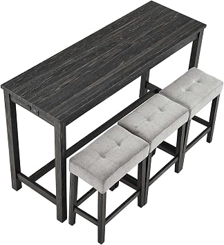 Bar Table Set, 60 Modern Solid Wood Bar Table with 3 Upholstered Bar Stools and Power Outlet, Kitchen Bar Height Table, 4 Piece Pub Table Set for Dining Room, Living Room (Black+Gray)