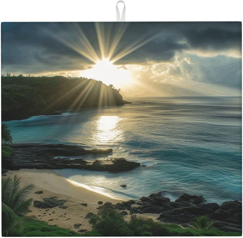 Hawaii Sunbeams Estera de secado de platos para encimera de cocina, esteras absorbentes de microfibra, estera de drenaje de cocina antideslizante para máquina de café, almohadilla para escurridor de platos de 18.0 x 16.0 in