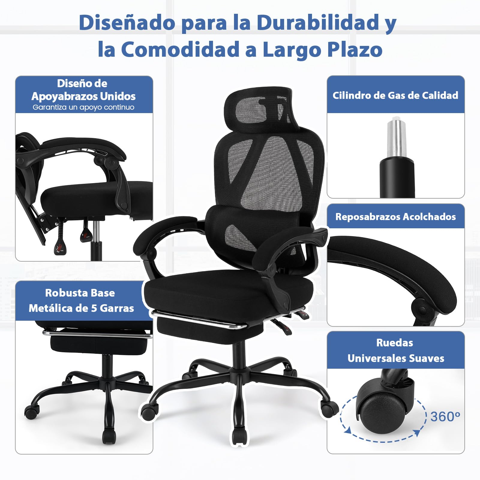 COSTWAY Silla Oficina Ergonomica, Respaldo Alto de Malla y Reposapiés Retráctil, Silla Gaming, Respaldo Inclinable, Reposacabezas, Altura y Soporte Lumbar Ajustables, Office Chair Ruedas