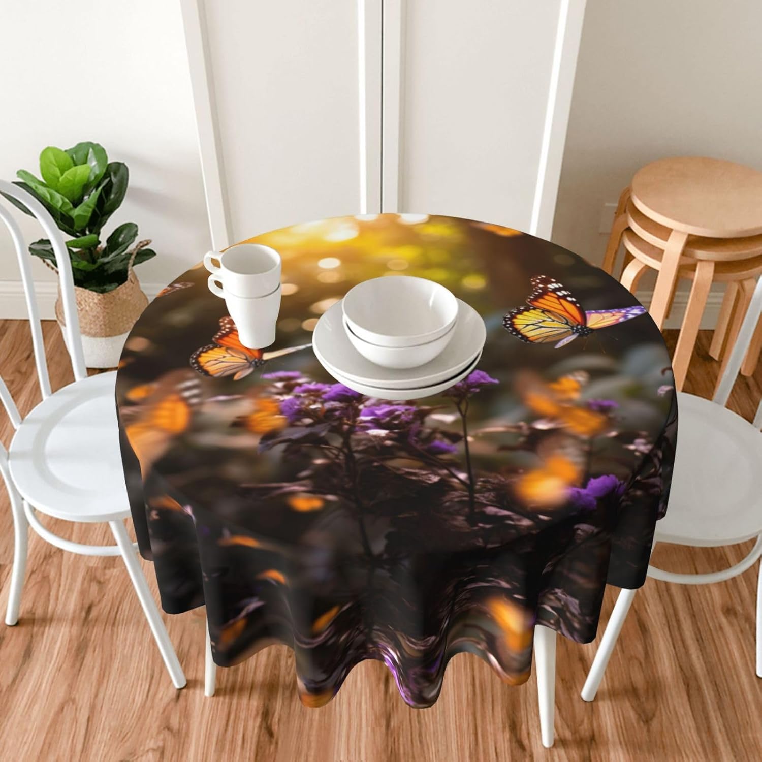 Violet-Gold Butterflies2 Print Wrinkle Free Dining Table Cover for Birthday Party Farmhouse Tablecloths Up to 60 x 60 Inches
