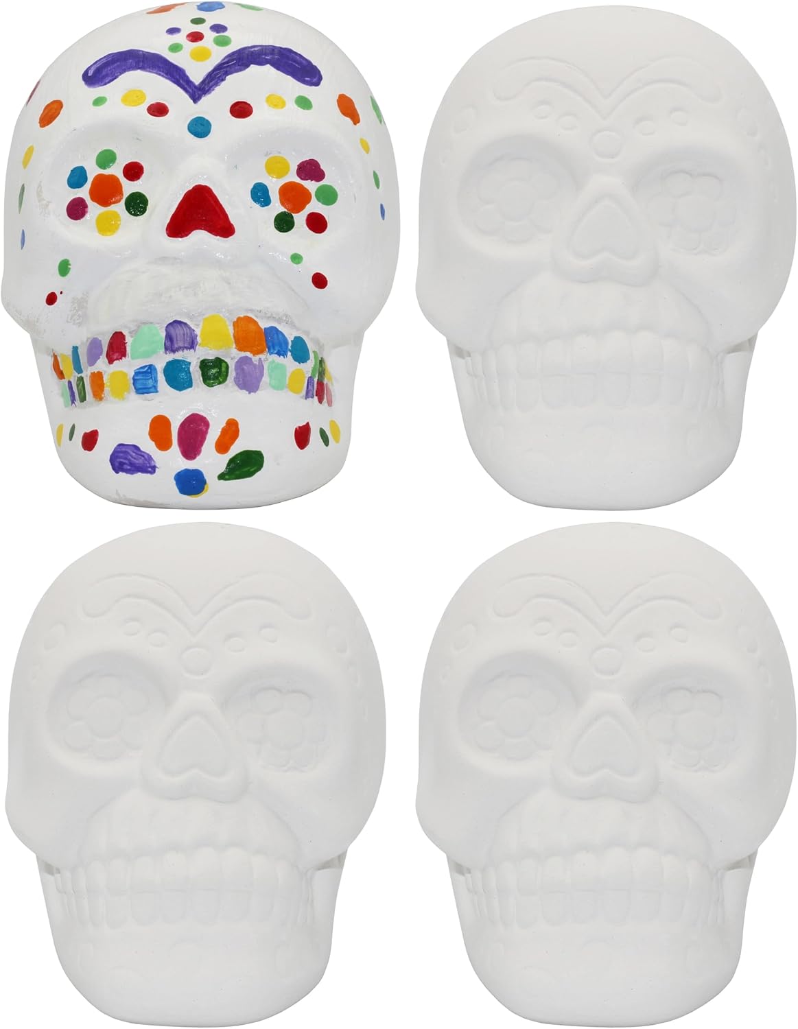Creative Hobbies 4 Pack of Ceramic Bisque Sugar Skull Shape Halloween Figurines - Includes How to Guide | Sugar Skull