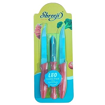 Shri Shyam Traders Shreeji Lion Kitchen Knife and Peeler Set, 3-Piece Combo Pack, Green Plastic Handle with Stainless Steel Blades