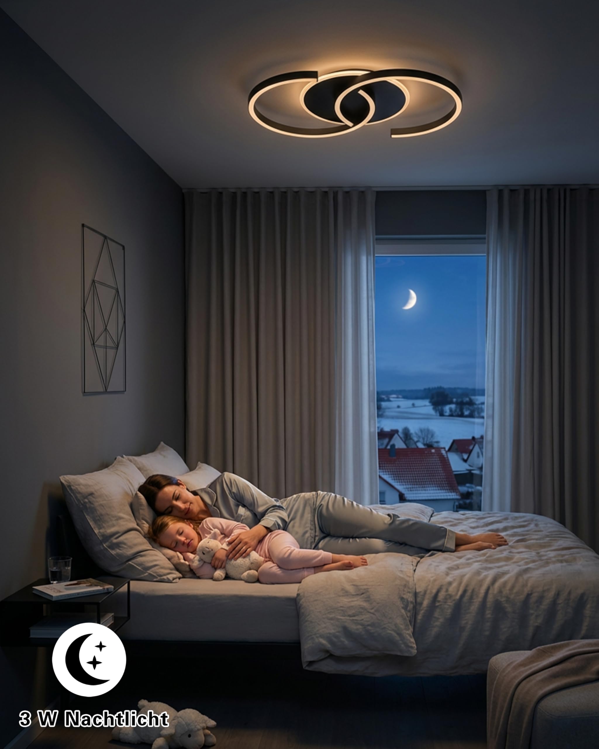 LED Deckenleuchte Dimmbar schwarz „S“ 2-Ringe, 50cm 32W Farbtemperatur 3000-6000K, Helligkeit 3-32W, Mit Fernbedienung/Mobile APP, Für Schlafzimmer, Wohnzimmer, Mit Memory-Funktion, 3W Nachtlicht