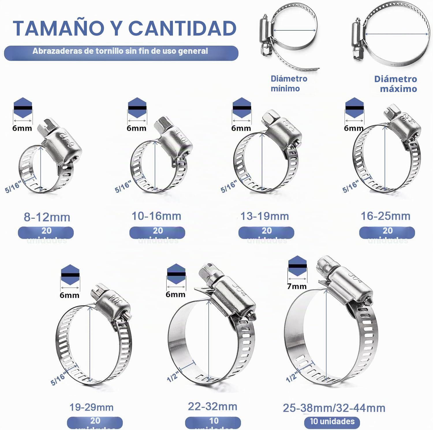 Abrazaderas de Tubería Acero Inoxidable,Juego de abrazaderas de manguera,Abrazaderas de Manguera Ajustables 8-44 mm completamente de acero inoxidable 304,abrazadera para manguera piscina(101Piezas)