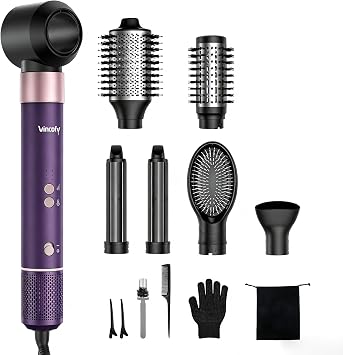 Vincofy 7 in 1 Blow Dryer Brush Set - Hot Air Styler for Fast Drying, Curling, Straightening & Volumizing Ionic Hair Dryer Brush with 1500W Power - No Heat Damage for All Hair Types - Dark Purple