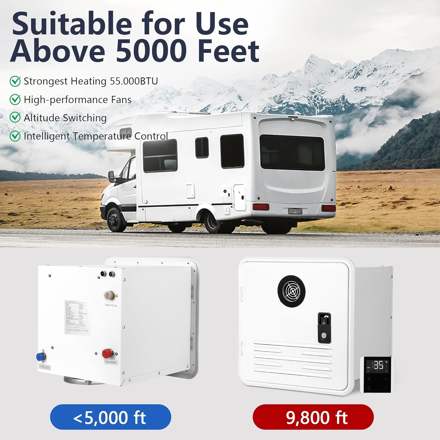 55,000 BTU RV Tankless Water Heater,15x15 Inch On-Demand Instant Hot Water Heater with Remote Control, DC 12V, Compatible with All RVs and Campers, White