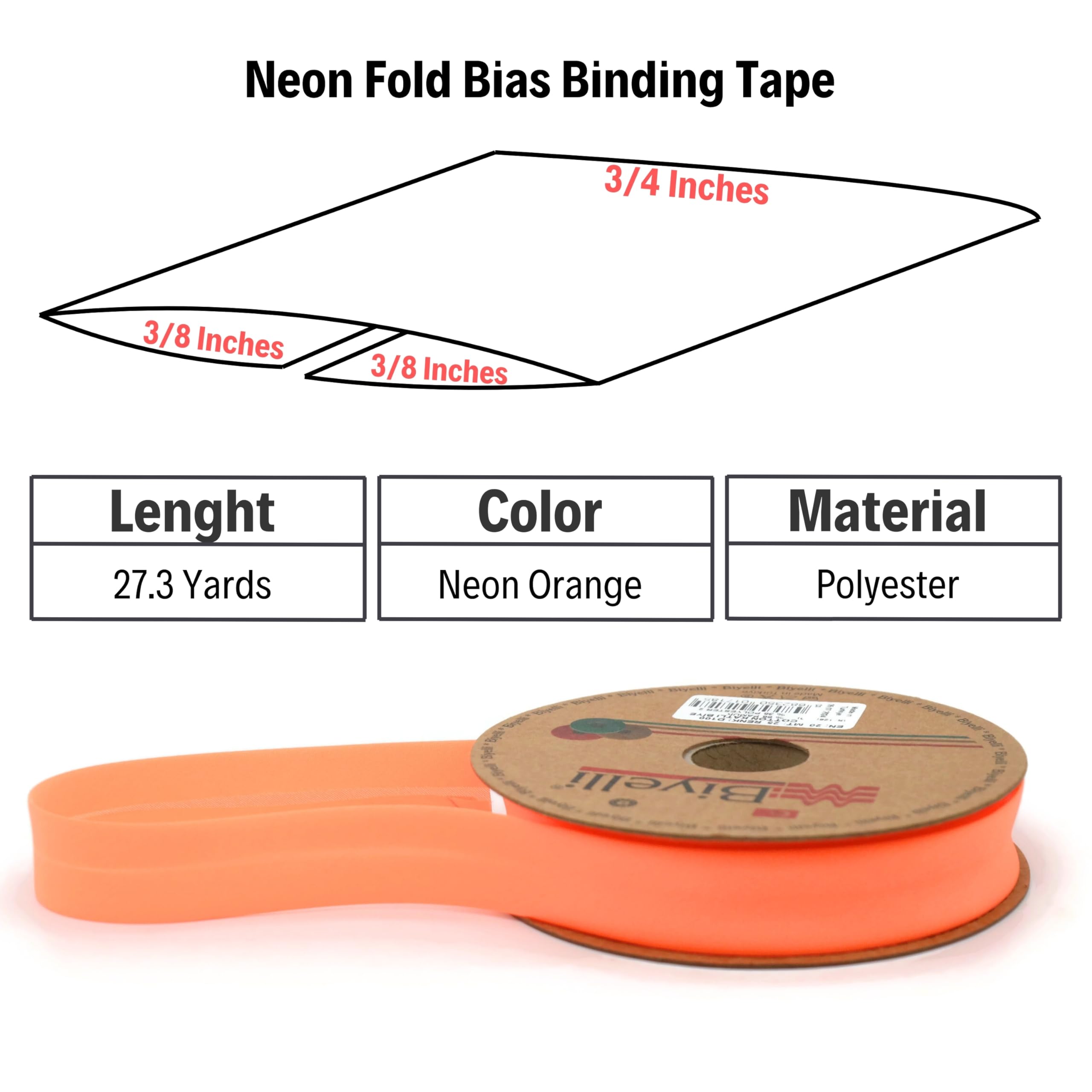 Cinta de encuadernación al bies de neón plegable, más de 99 colores, 3/4 pulgadas de ancho, 27 yardas, cinta plegable de neón, cinta de encuadernación al bies para coser ropa, bricolaje, naranja, D100