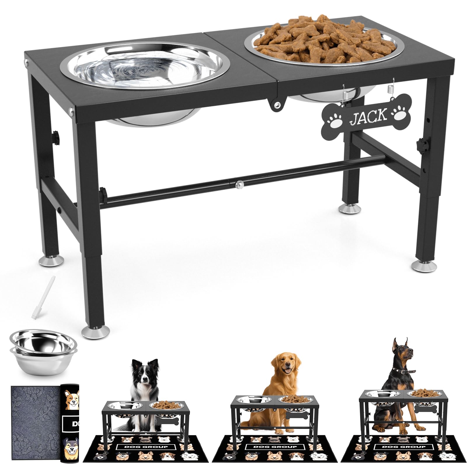 SHAINFUN Elevated Dog Bowls with Mat for Large &amp; XLarge Dogs, Adjustable Height Raised Dog Bowl Stand with Two 68oz Bowls, Dogs Food Water Bowl Holder