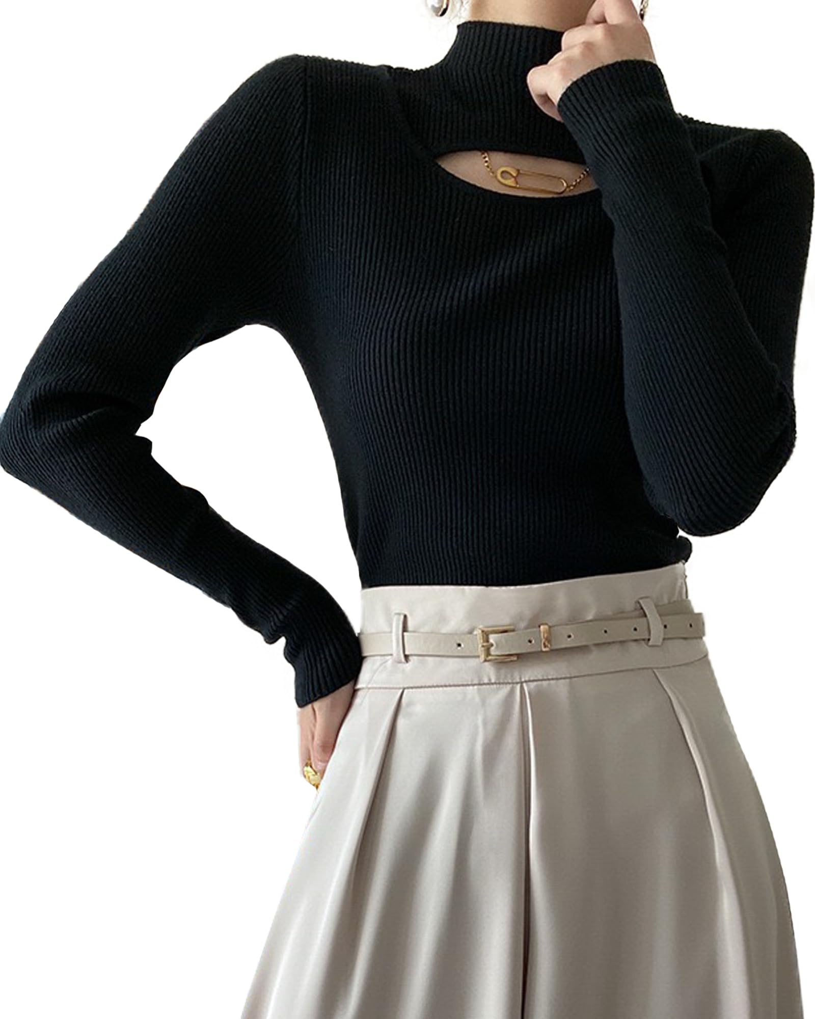 Women Mock Neck Cutout Front Top Long Sleeve Light Weight Ribbed Knitting Sweater Bodycon Casual Shirt
