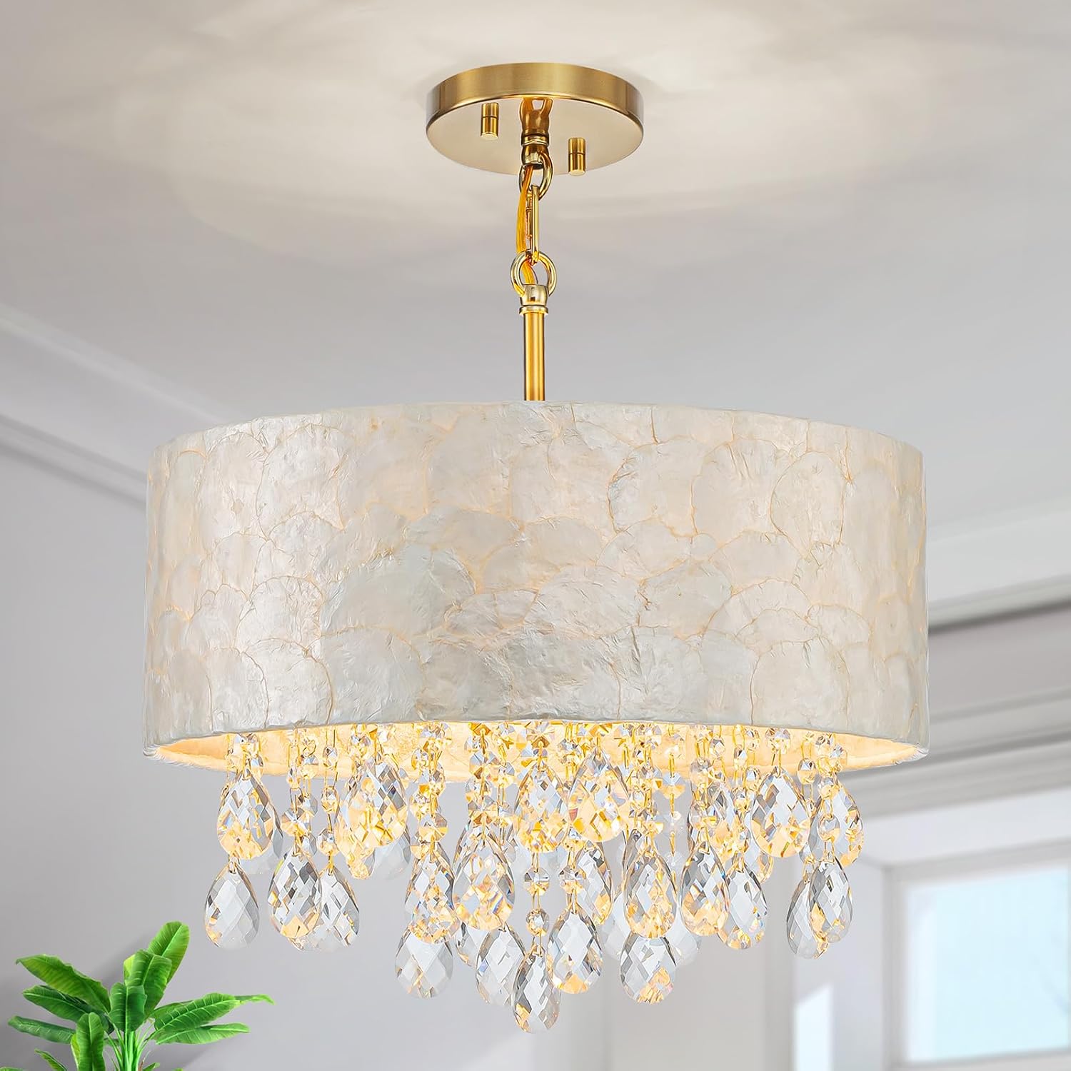 LumFurn Medium Size 4-Light Drum Capiz Shell Crystal Chandeliers, Coastal Style Pendant Light Fixture for Dining Room, Living Room, D16 x 20~67"(Adjustable), Shell Lampshade & Gold Finish