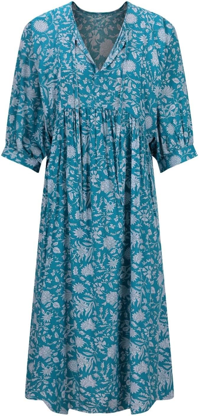 Womens Cotton Boho Floral Dresses Trendy Casual V Neck Lantern Sleeve Beach Midi Dress Flowy Sundress with Pockets