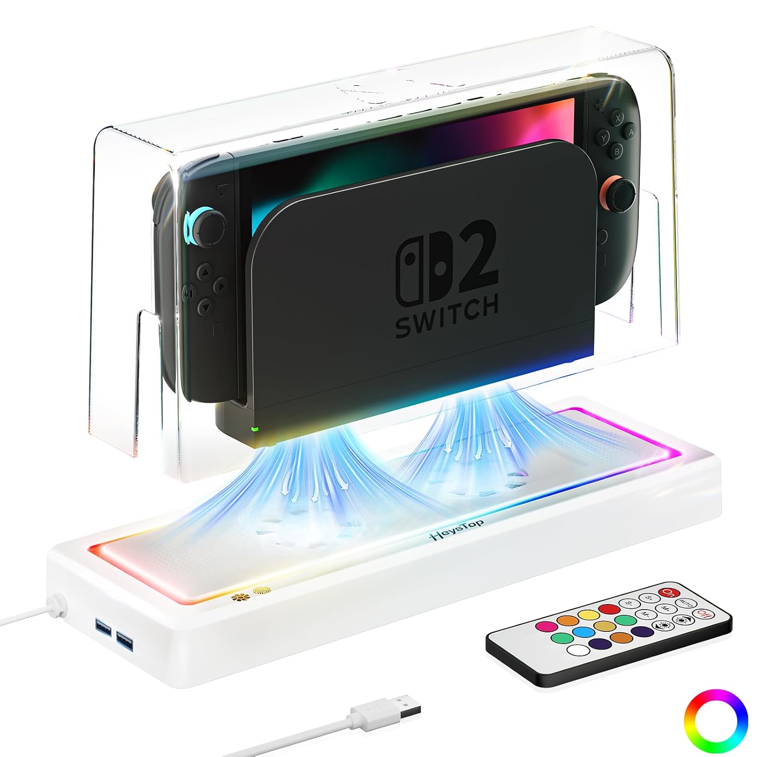 HEYSTOP Switch 2 Dust Cover for Nintendo Switch 2 Cooling Dock with Multiple RGB Lights for Nintendo Switch 2 Accessories with Switch 2 Cooling Fan for Switch 2 to Cooling, Anti-Dust & Anti-Scratch