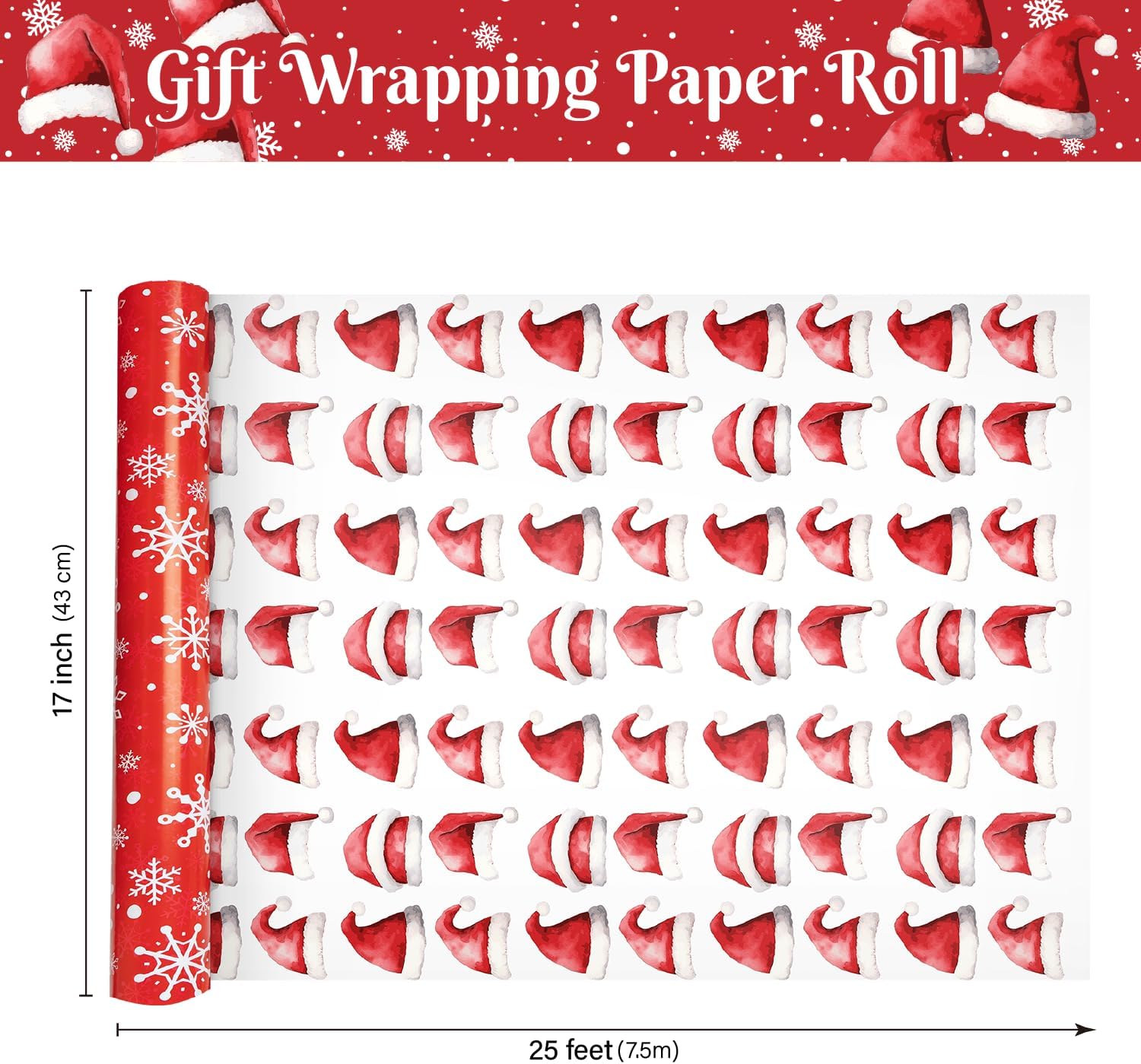 Linelglobal Reversible Red Christmas Wrapping Paper - Small Roll with Snowflake & Santa Claus Design Xmas Gift Wrap Two Side Printing 17x295 Inch image 2