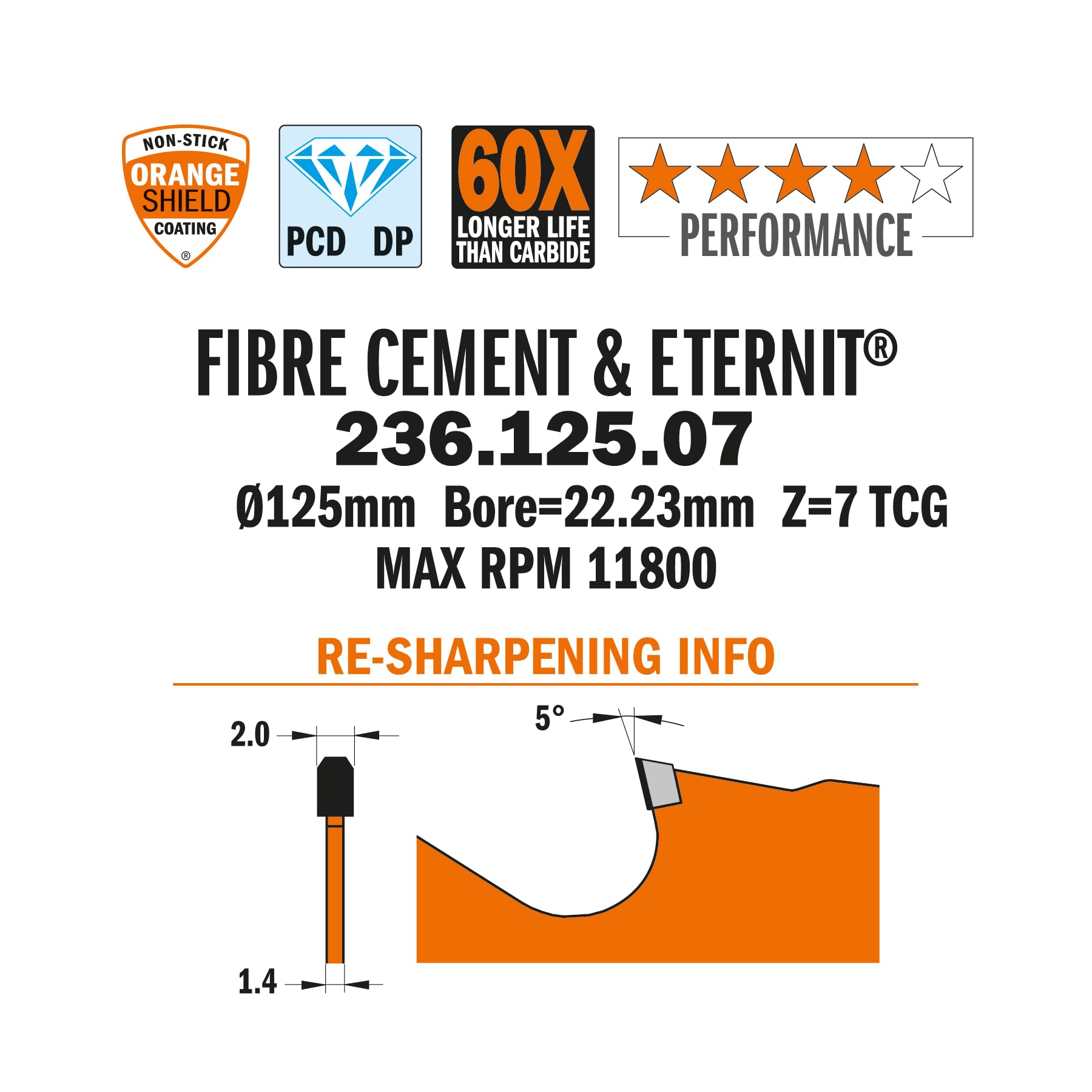 CMT Orange Tools CMT 236.125.07 - Hoja circular de diamante para Fibrocemento D=125x2.0/1.4x22.23 Z7 TCG