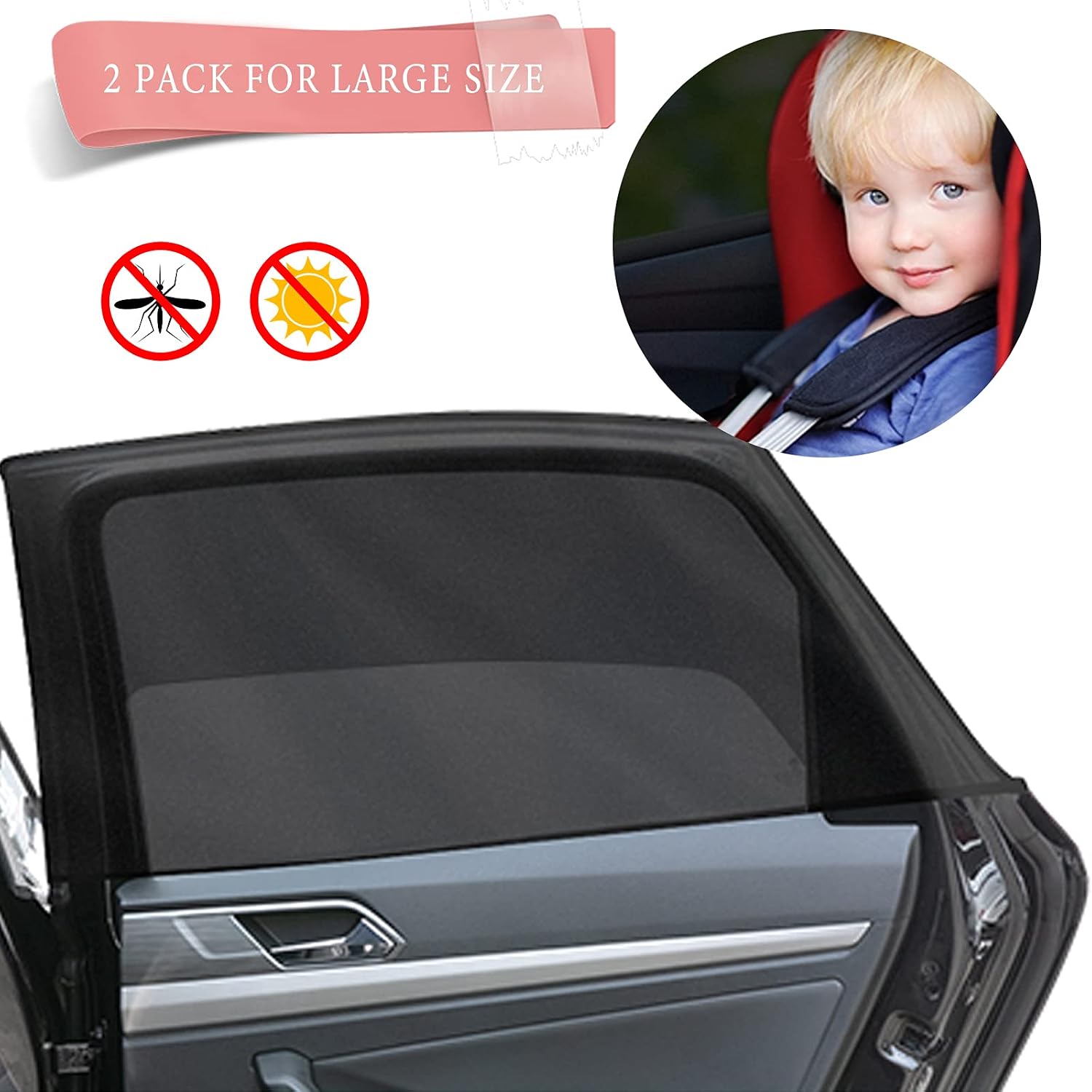 Car Sun Window Shade - Car Window Bug Screen-Window Sunshades Breathable Mesh Baby Car Rear, Protect Kids from Sun Glare and UV Rays-Rear Side Car Shade Fits Most Large Cars (2 Pack) (L)