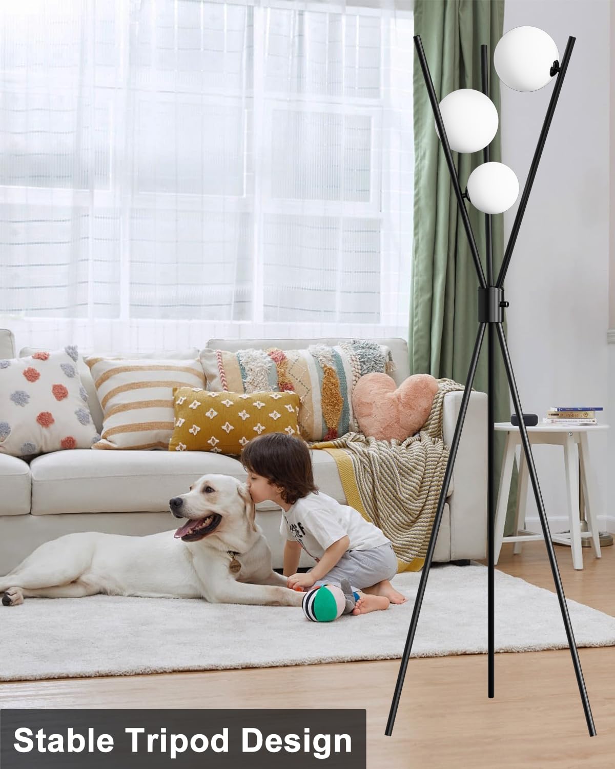 3 globusy ściemniana lampa podłogowa, lampy stojące z połowy wieku z 3 szt. żarówek 3000 K w zestawie, nowoczesna wysoka lampa do salonu, sypialni, biura, czarna