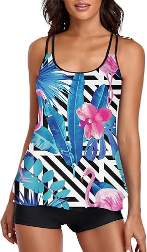 UNIQWETO Tankini suelto con control de abdomen para mujer, traje de baño de dos piezas con camiseta sin mangas y pantalones cortos
