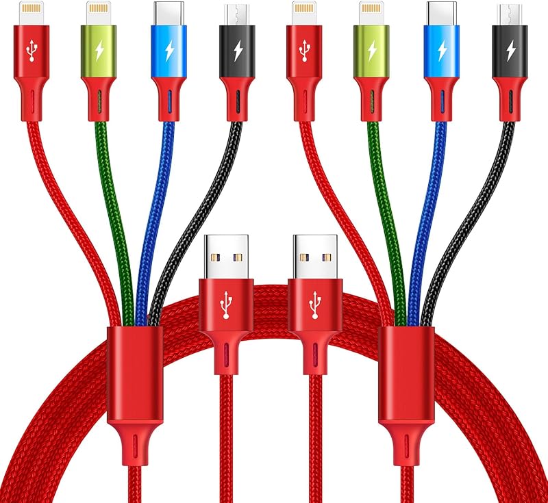 Multi USB Charging Cable 4A, 4-in-1 Braided Charging Cord, Multi Charger Cord, Multiple USB Cable with IP/USB C/Micro Ports Adapter for Cell Phones/iPhone/Tablets/Samsung/Pixel/PS More (2Pack/4Ft)