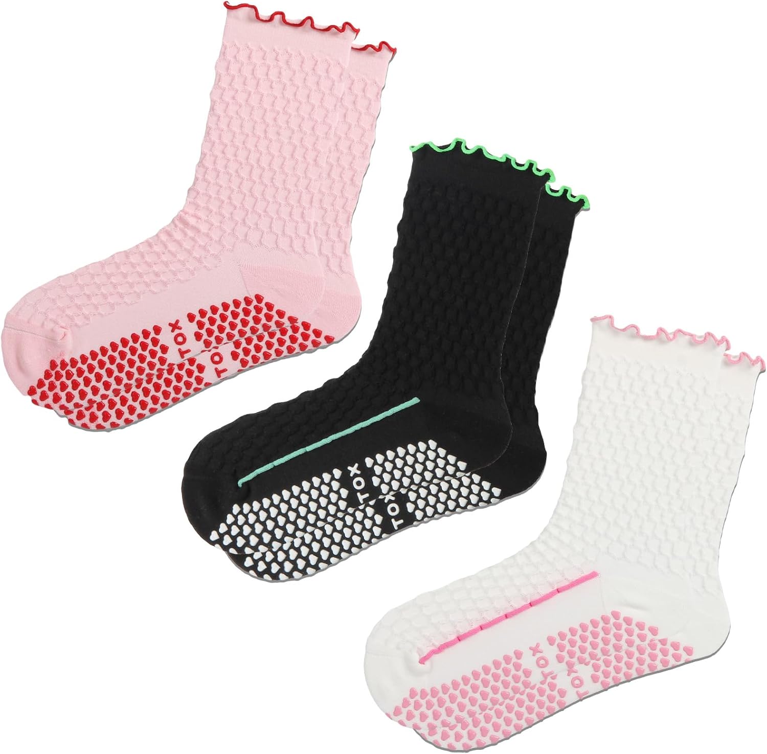 Pilates Socks with Grips for Women, Non-Slip Sticky Yoga & Barre Socks, Cute Ruffle Grippy Crew Socks for Workouts