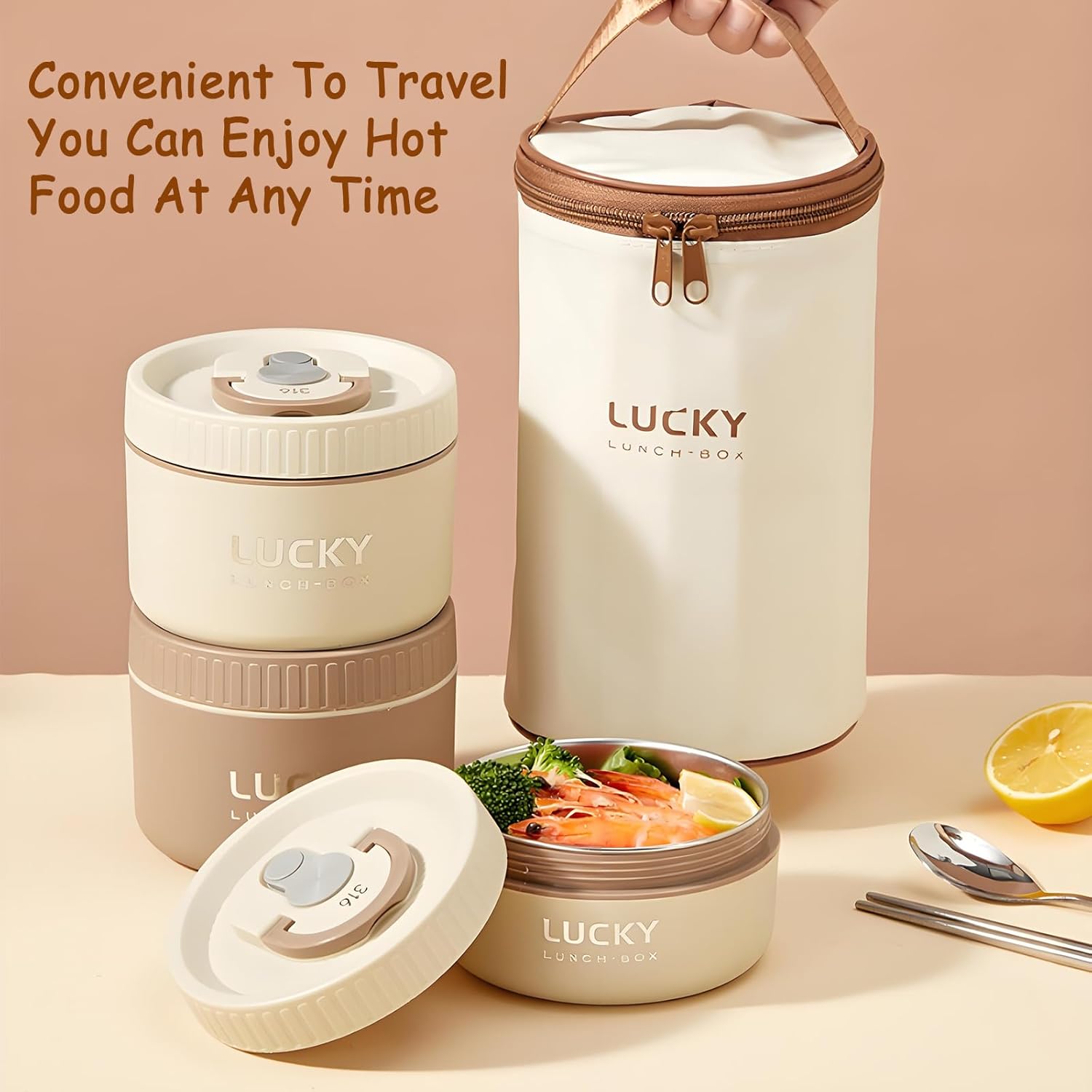 Stainless Steel Lunch Box, 3-Tier Insulated Bento Box Sealed Hot for Adults, Thermal Food Container for Office Workers (Beige, 1pcs, 400ml) - Image 5