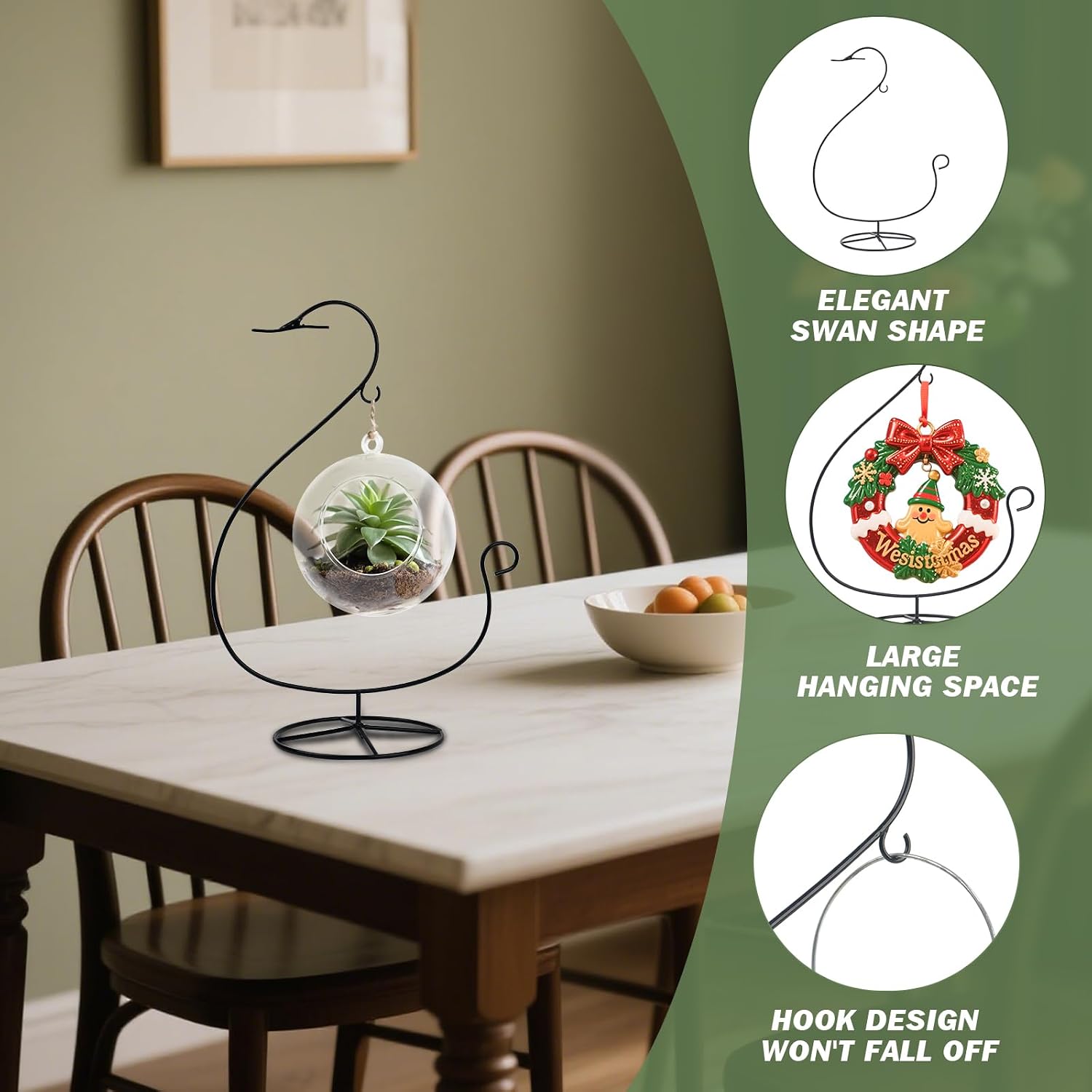 12 Inch Ornament Display Stand, Air Plant Holder, Terrariums Hanger, Black Iron Wire Hanging Hook for Christmas Halloween Decor (Swan Shape 3 Pcs)