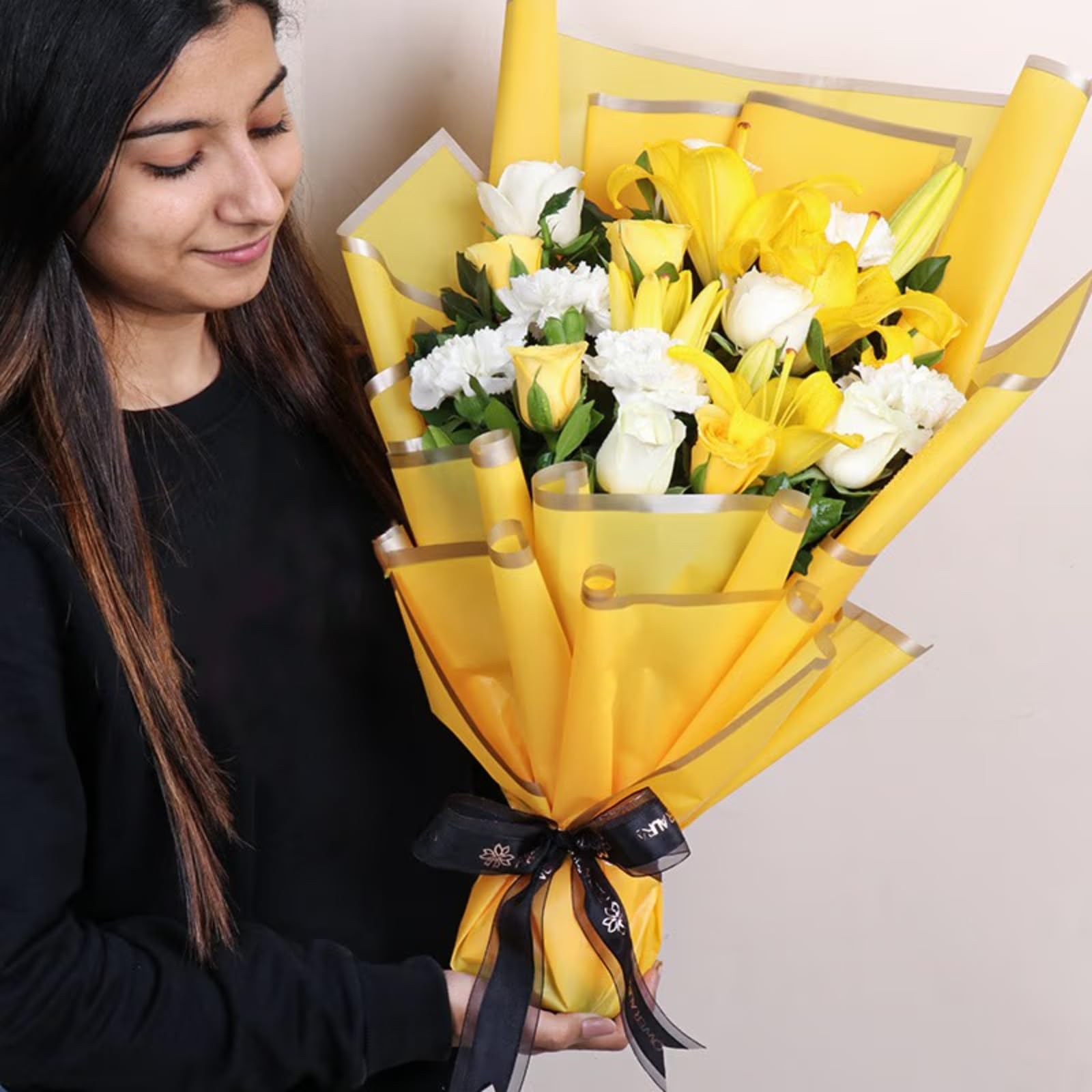 FlowerAura Fresh Live Flower Bouquet of 2 Lily, 5 Yellow Roses, 5 White Roses, 5 White Carnations For Birthday Gift, Anniversary Gift, Wedding Gift & Gift For Special Occasions (Same Day Delivery)-image-6