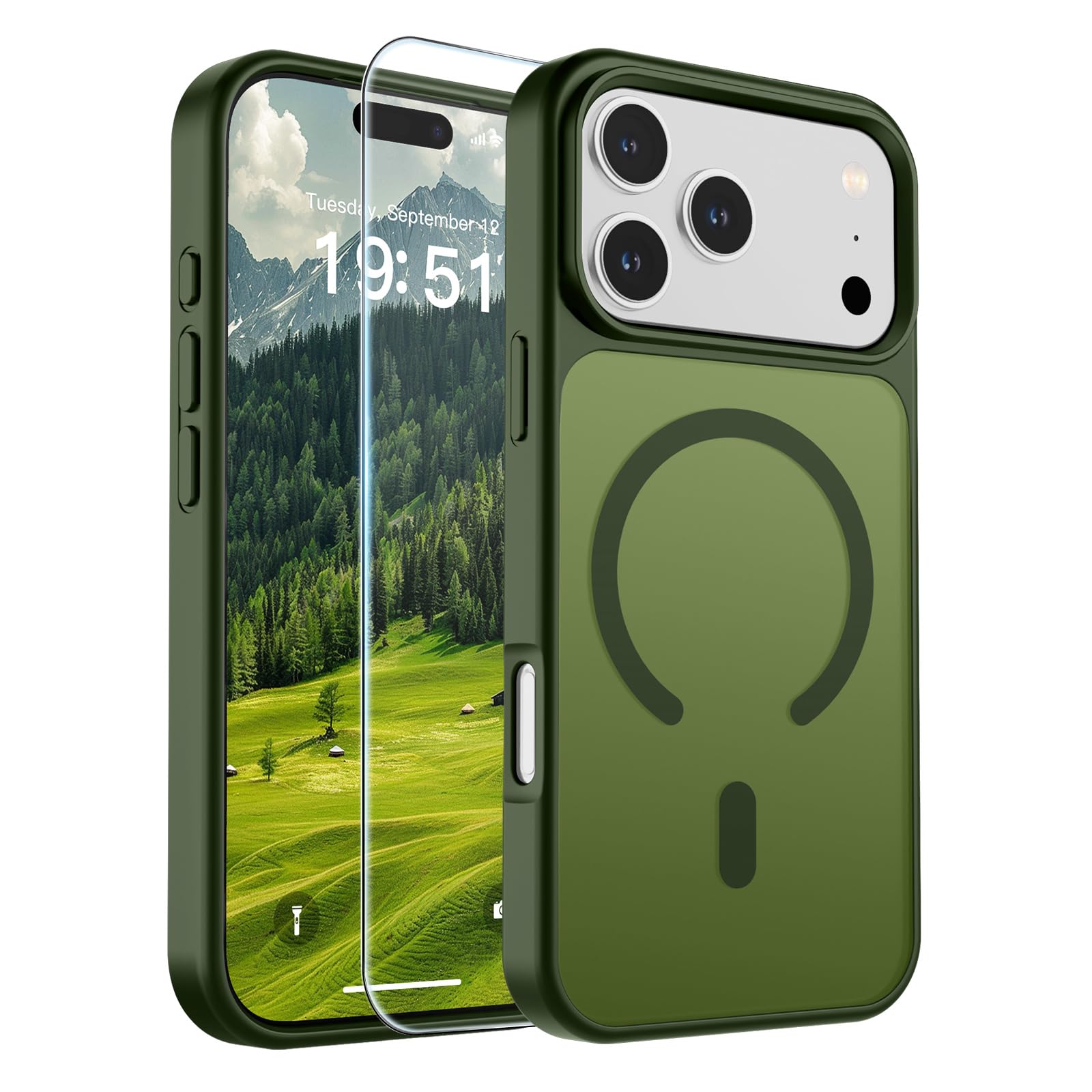 SUPFINE Magnetic for iPhone 17 Pro Case Cangling Green | With Screen Protector, Translucent Matte, Compatible with MagSafe, Military Grade Drop Proof, Rugged Shockproof Protective