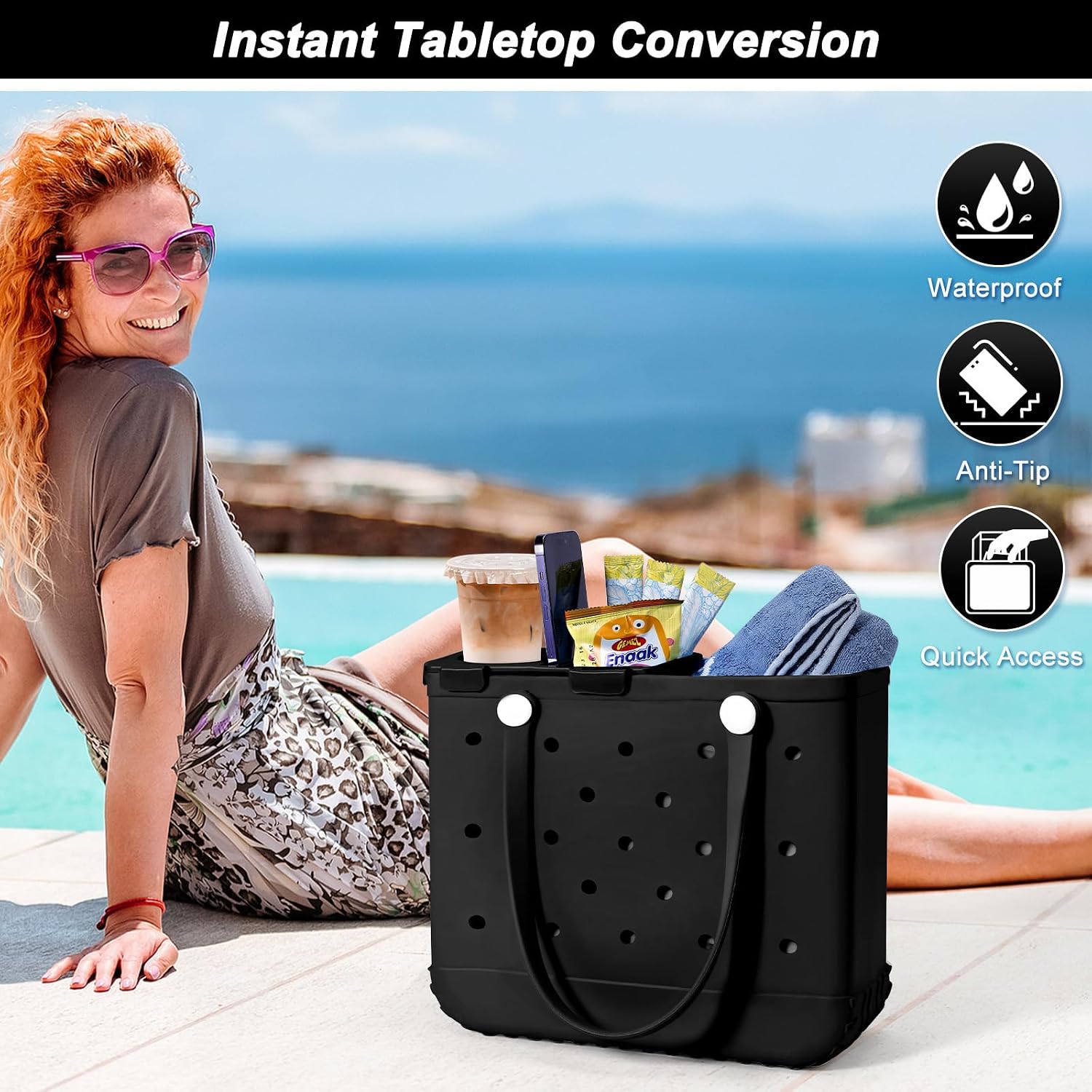 Tray Topper with Cup Holder for Bogg Bag Medium Tote - Phone Holder & Drink Holder Fits for Stanley 40oz - Beach Bag Top Organizer Storage Lid (Black)